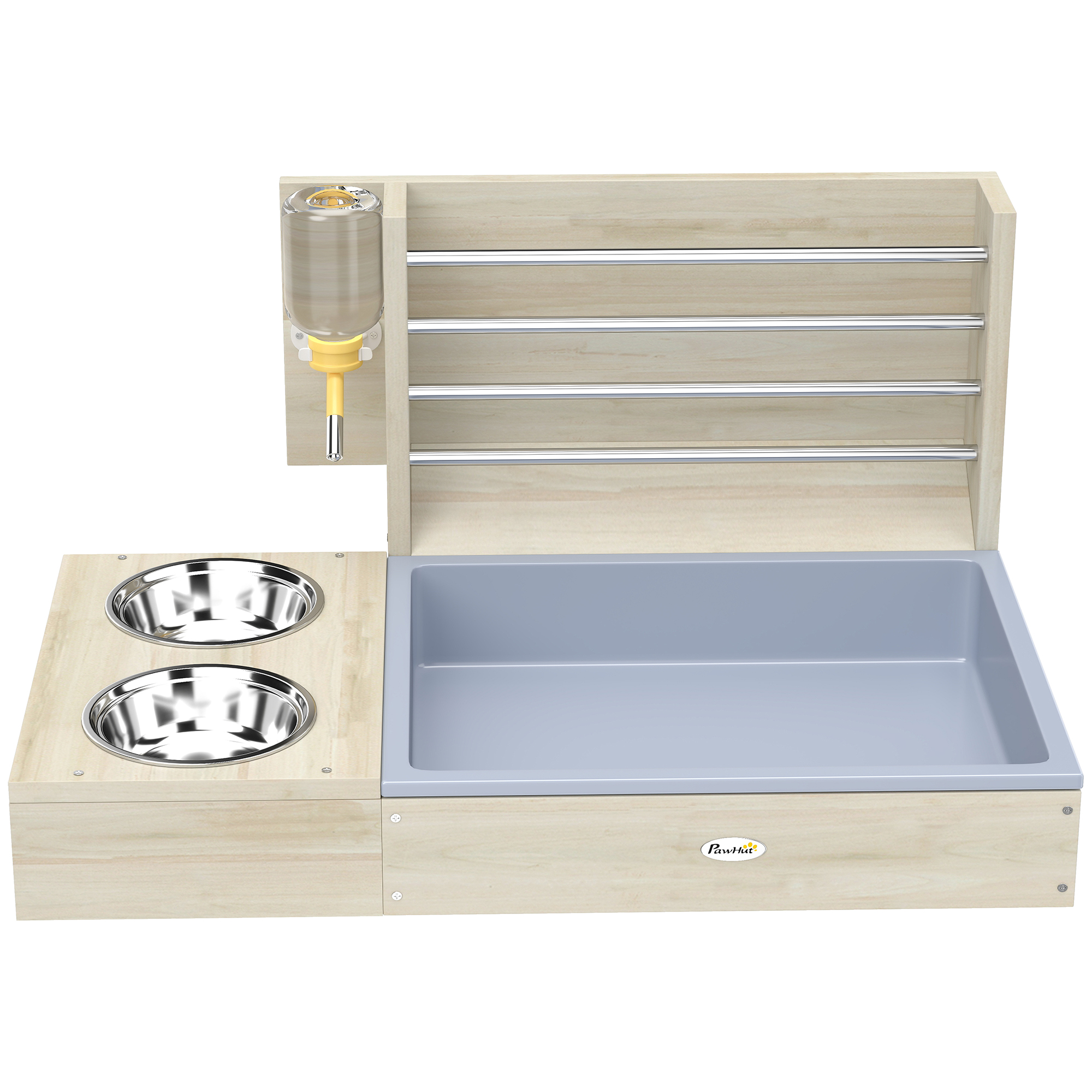 Comparer les prix de PawHut Râtelier à Foin en Bois pour Lapin Mangeoire Lapin 3 en 1 avec Bac à Litière et Bouteille d'Eau 58x40x32cm Bois Naturel