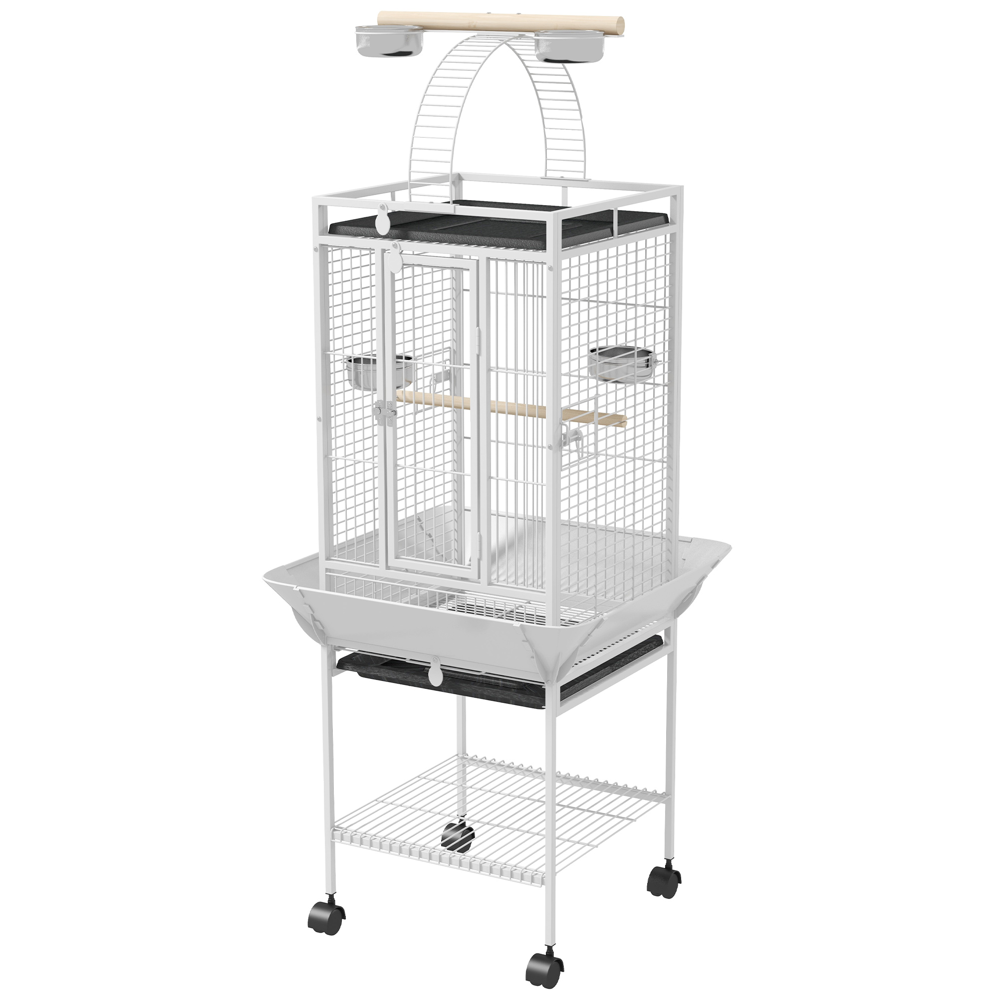 Comparer les prix de PawHut Cage oiseaux, voliere oiseaux à roulettes avec support, plateau coulissant, perchoir en bois, 62,5x62,5x156cm, blanc