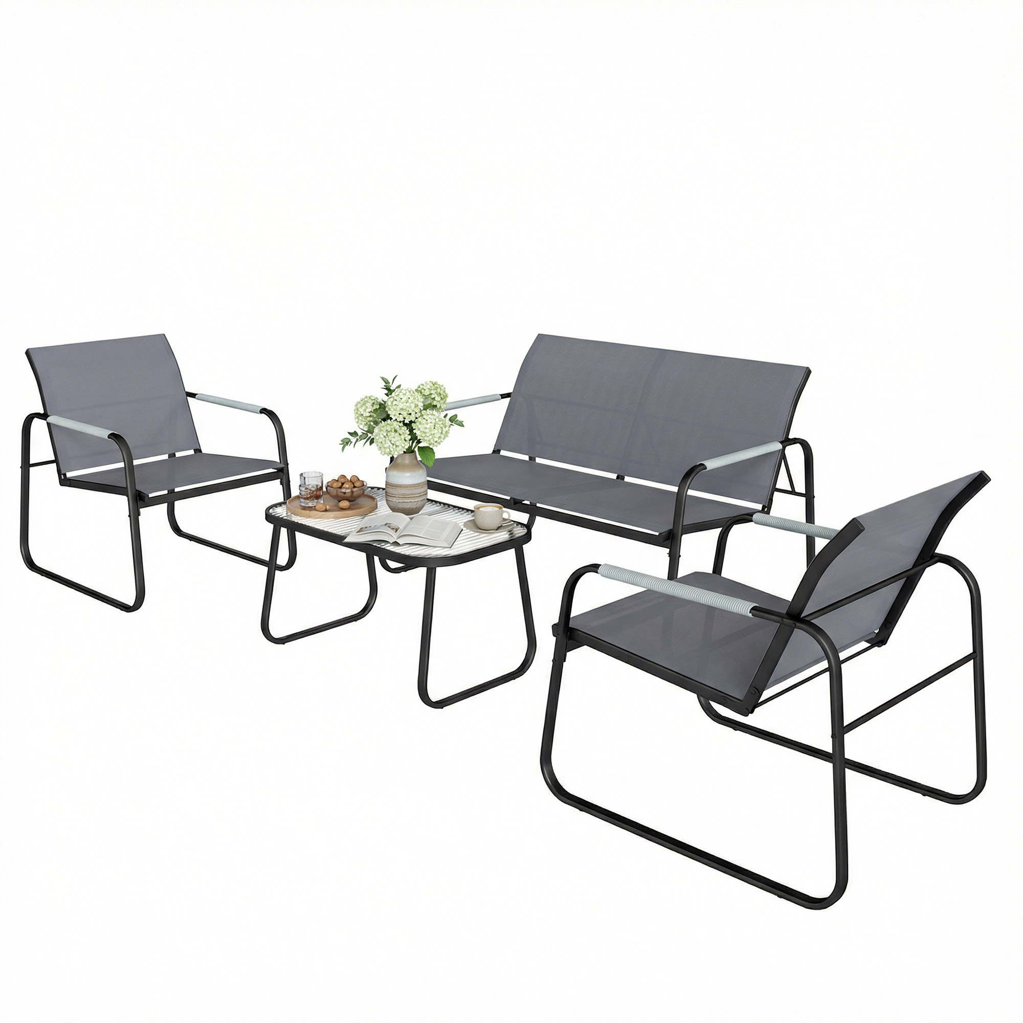Outsunny Salon de Jardin Ensemble de Terrasse en Acier et Textilène 4 Pièces avec Accoudoirs Corde Tressée Gris
