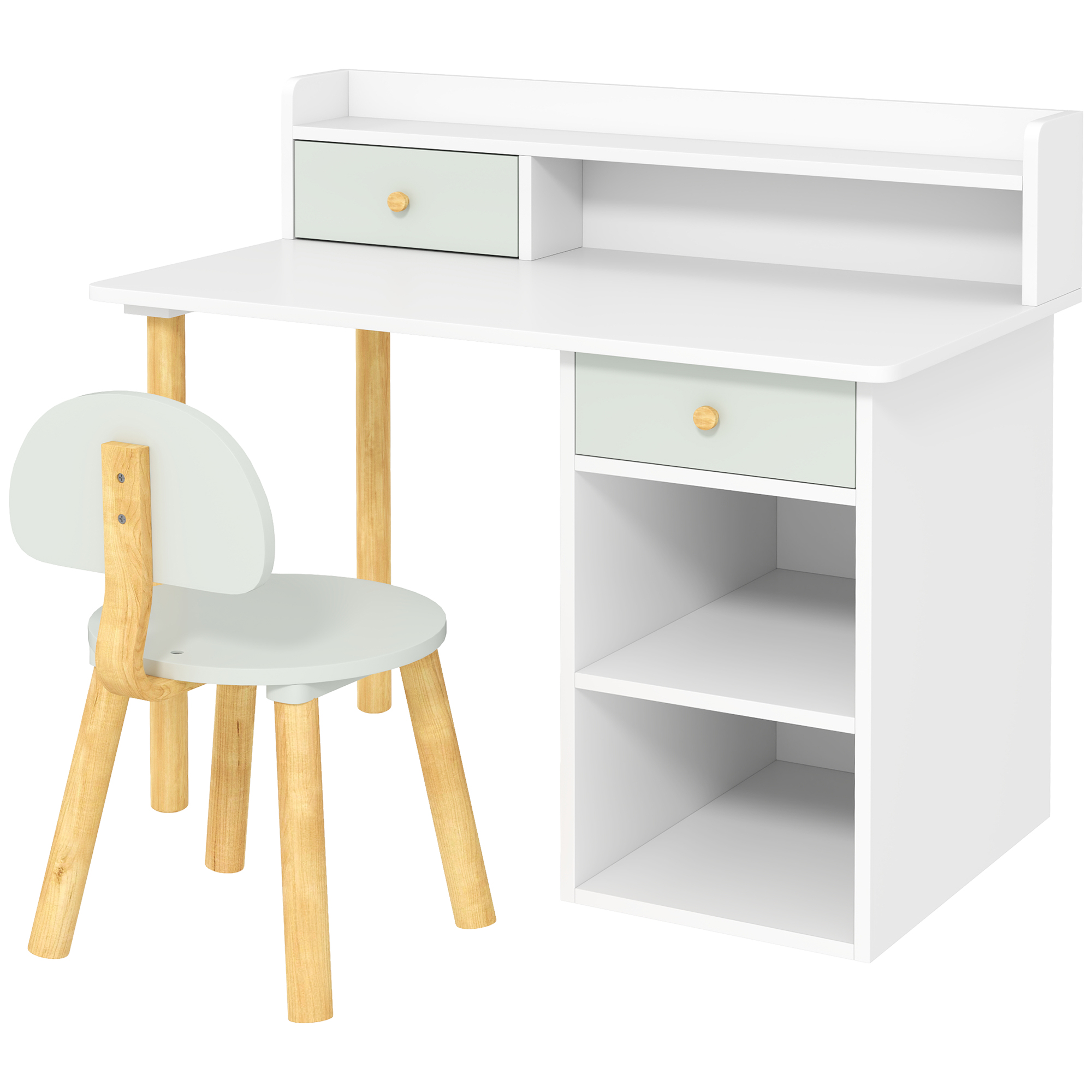 AIYAPLAY Kinderschreibtisch mit Stuhl, Kindertisch und Stuhl mit 2 Schubladen, große Tischplatte und offene Regale, Tisch zum Lernen, Arbeiten und Schreiben, für Jungen und Mädchen 3-8 Jahre, 85x48x73 cm, grün Aosom
