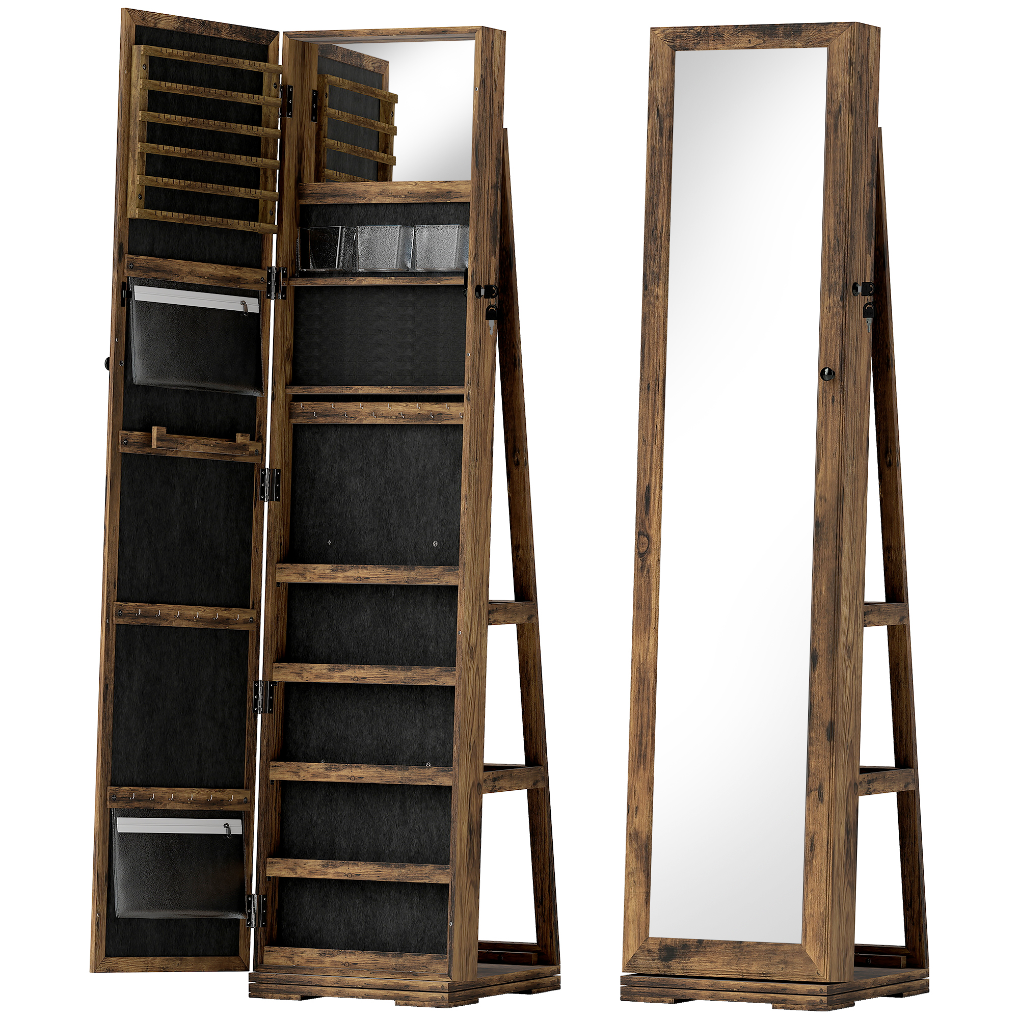 HOMCOM Joalheiro de Pé Armário para Jóias 360° com Fechadura e Espelho Incorporado Carga Máxima 20 kg 38x38x160 cm Marrom Rústico   Aosom