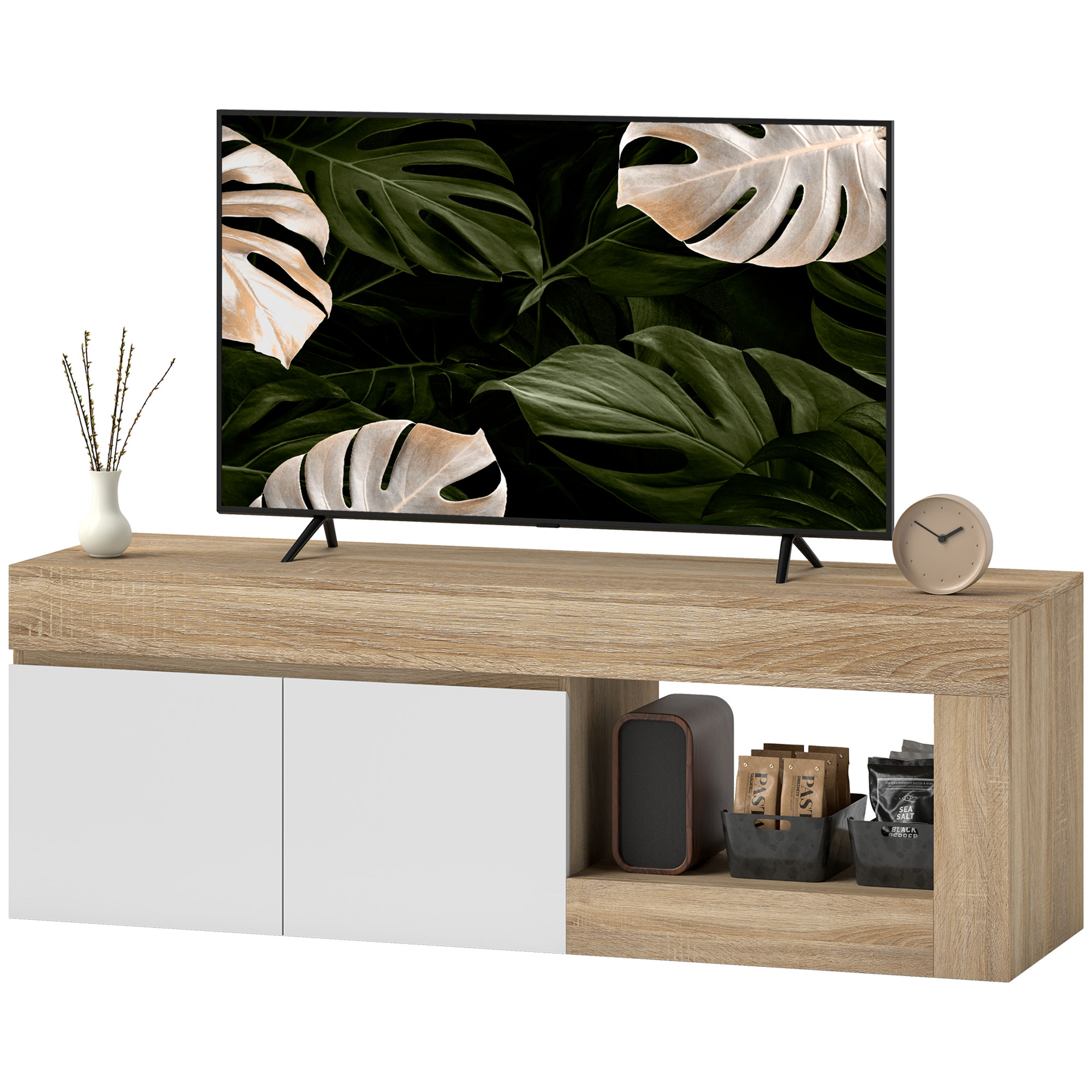 HOMCOM Meuble TV 2 portes pour téléviseurs jusqu'à 60 pouces, meuble télé avec placard et étagère ouverte, effet bois naturel