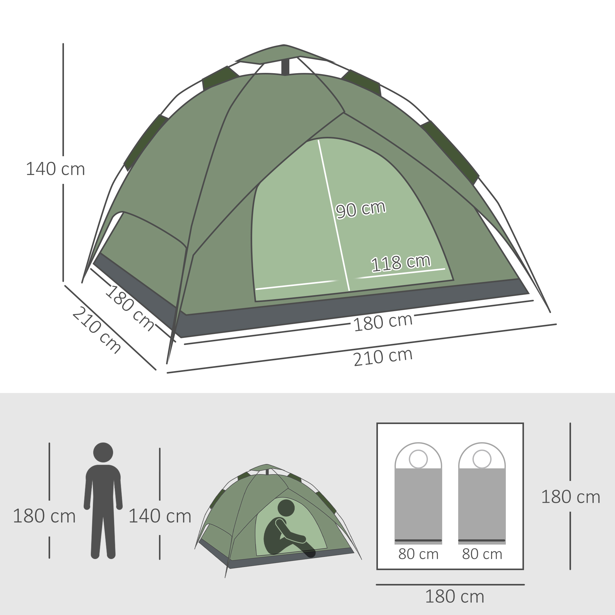 Tente Pop-up Outsunny 2-3 Places – Porche, 210x210x150 Cm, Imperméable 2000 Mm, UV50+, Facile à Monter