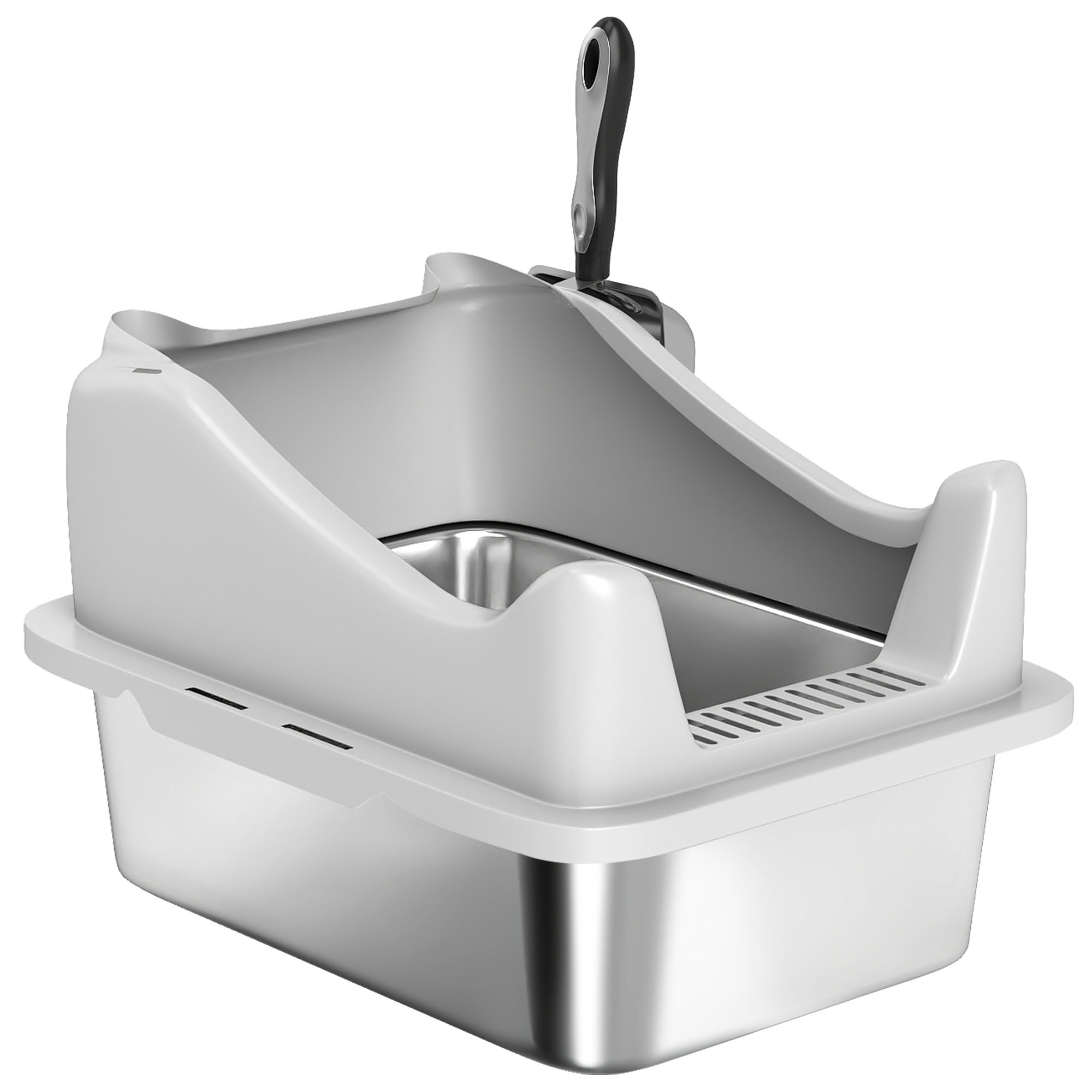 Comparer les prix de PawHut Bac à litière en acier inoxydable, maison de toilette pour chat, bords hauts, nettoyage facile, 43,1x33,2x25,4cm, gris
