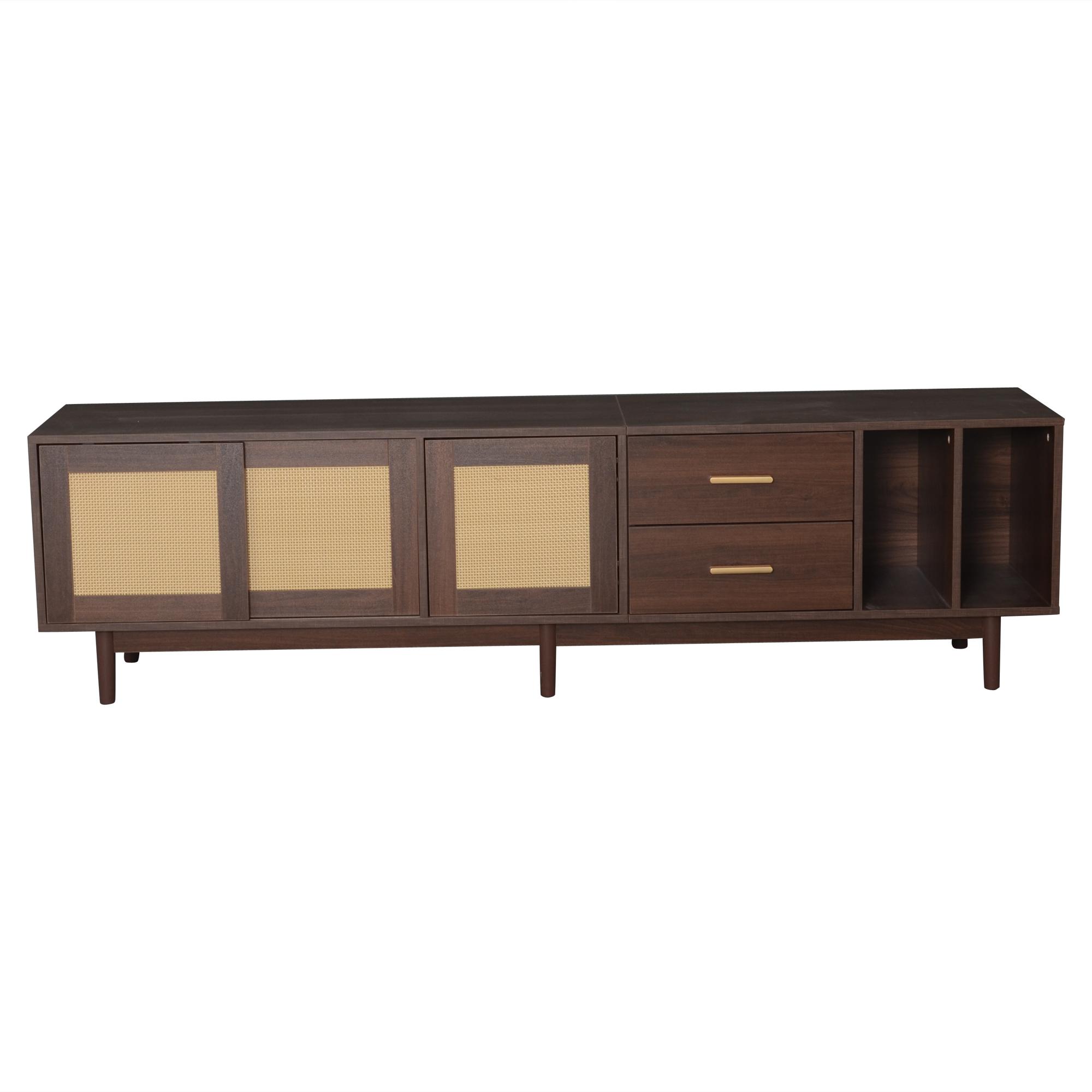 PD1 Mobile TV basso con ante in rattan, 3 ante e 2 cassetti, 190x40x52 cm, Marrone