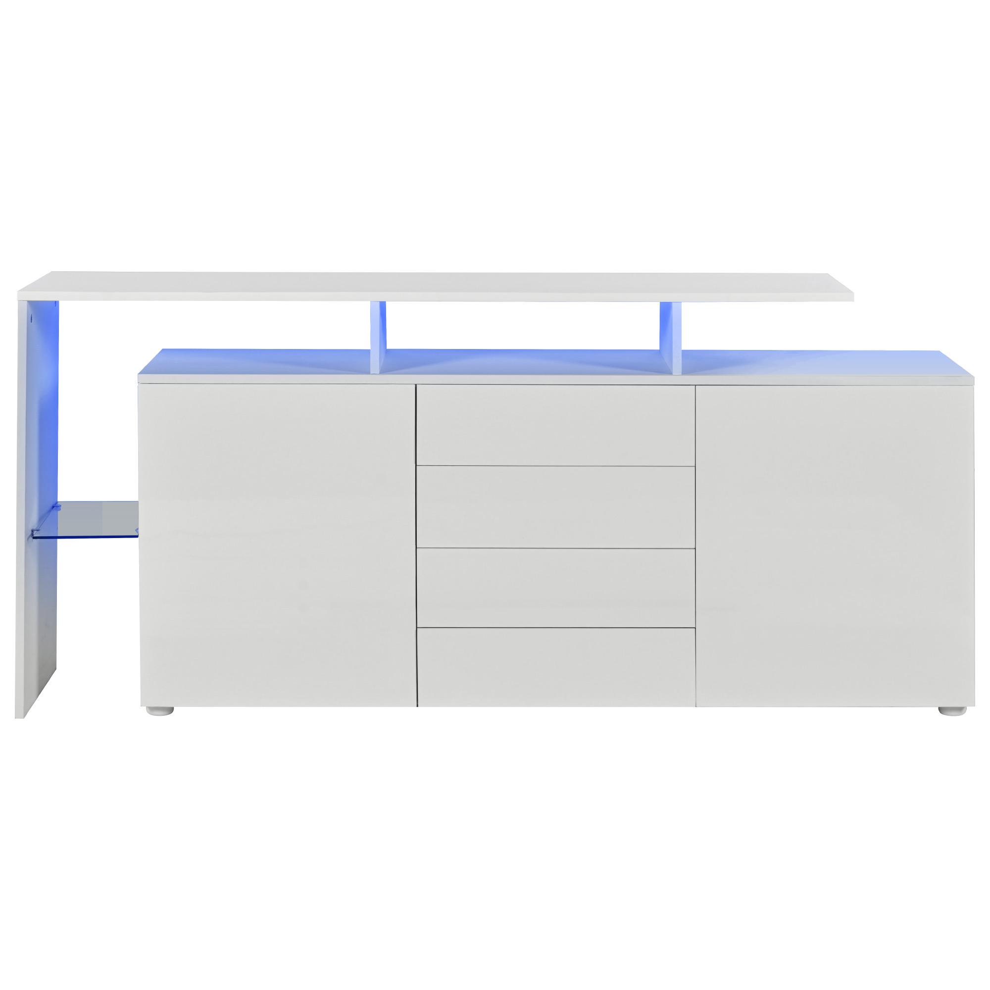 PD1 LED-Credenza, 2 ante, 4 cassetti e vano in vetro, 160x35x70 cm, Bianco