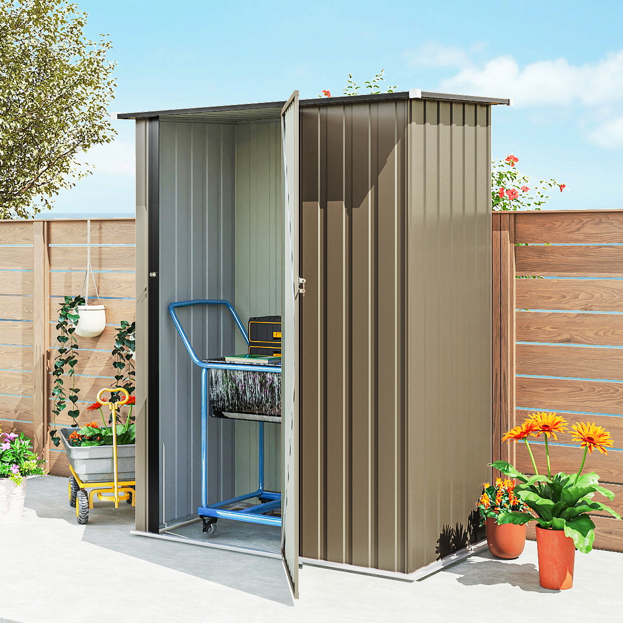  Magazie pentru Unelte din Metal cu Acoperis inclinat si Usa Blocabila, 142x86x189 cm, Maro [8]