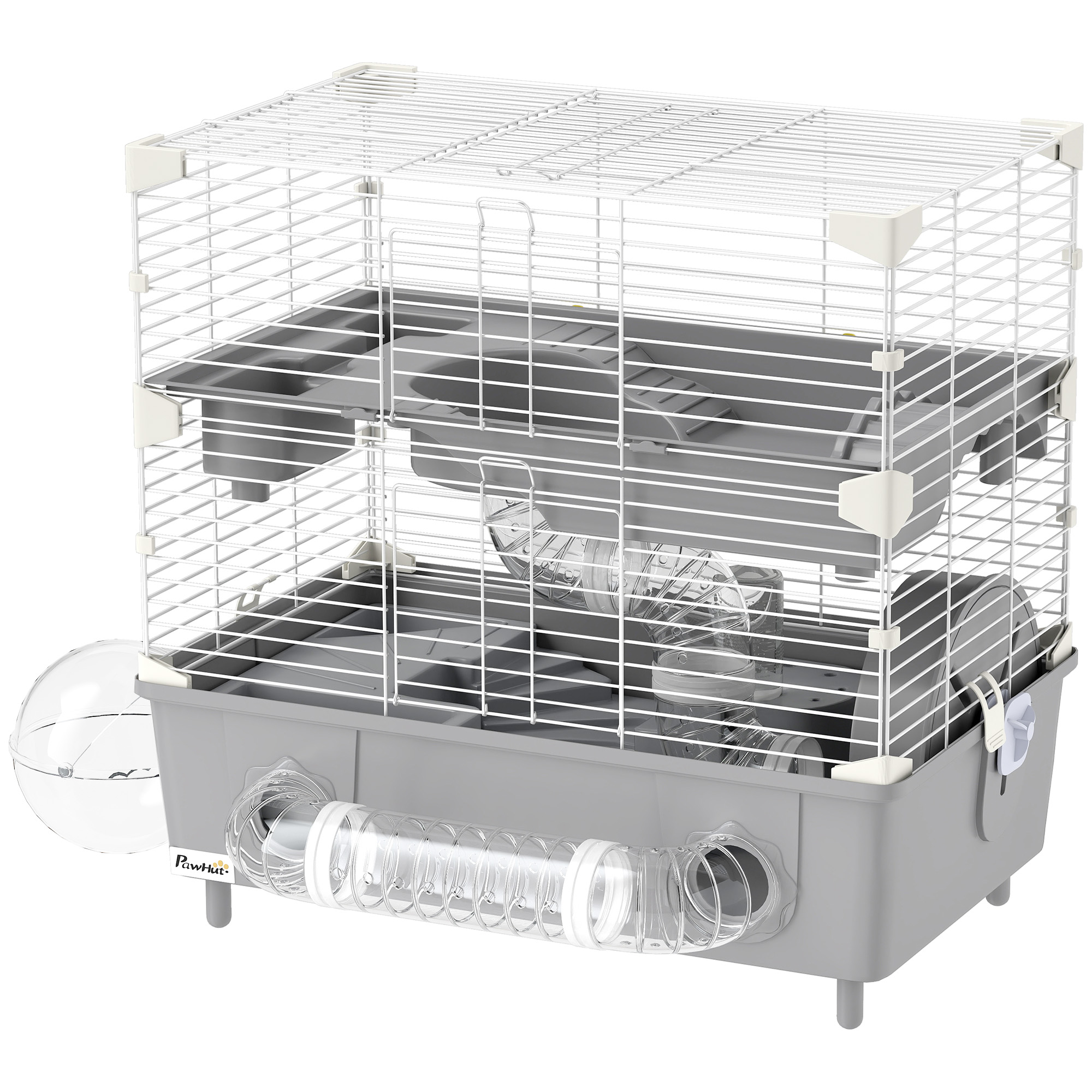 Comparer les prix de PawHut Cage pour hamster  à 2 niveaux avec roue de course salle de bain en sable pour hamster nain 44,5 x 28 x 44 cm gris