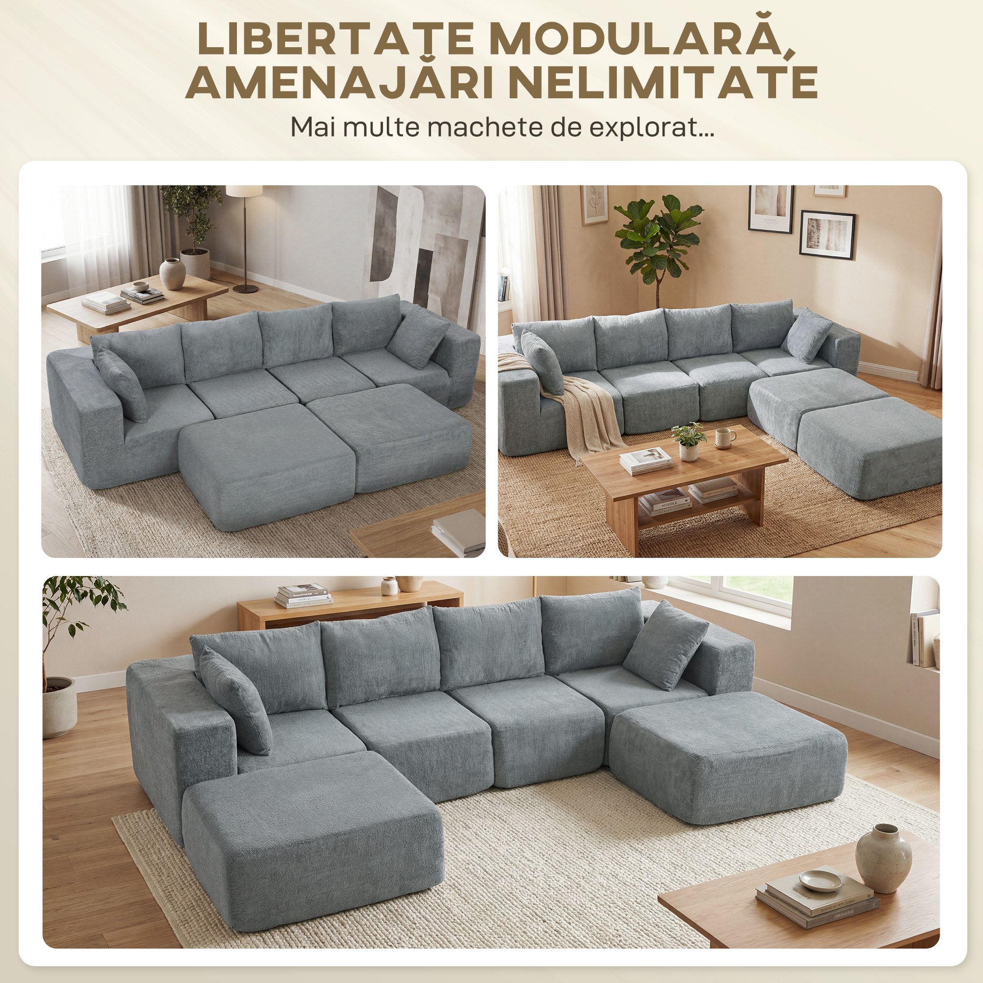  Coltar Modular 4 Locuri Fara Structura, sezut Spatios si Adanc, Coltar Componibil in Forma de U cu 2 Tabureti, Brate Largi si Perne, Catifea, 294x165x70 cm, Gri inchis [3]