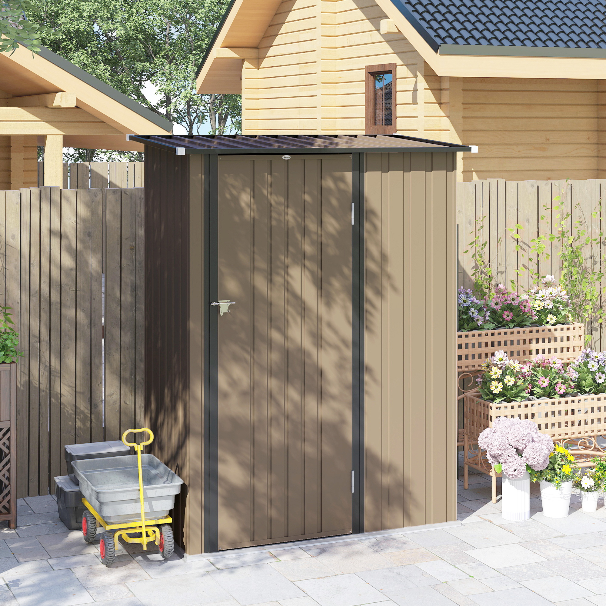  Magazie pentru Unelte din Metal cu Acoperis inclinat si Usa Blocabila, 142x86x189 cm, Maro [7]