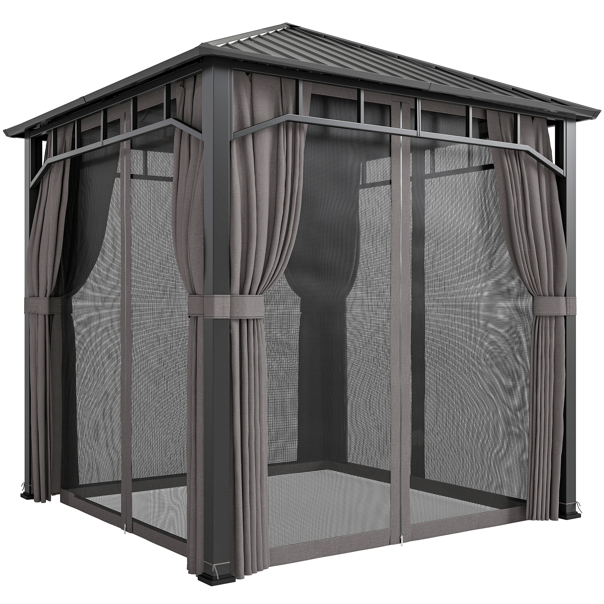 Outsunny 2.5 x 2.5 m Hardtop Gazebo with Galvanised Steel Roof, Waterproof Permanent Pavilion Garden Gazebo with Netting and Curtains for Patio, Deck, Dark Grey