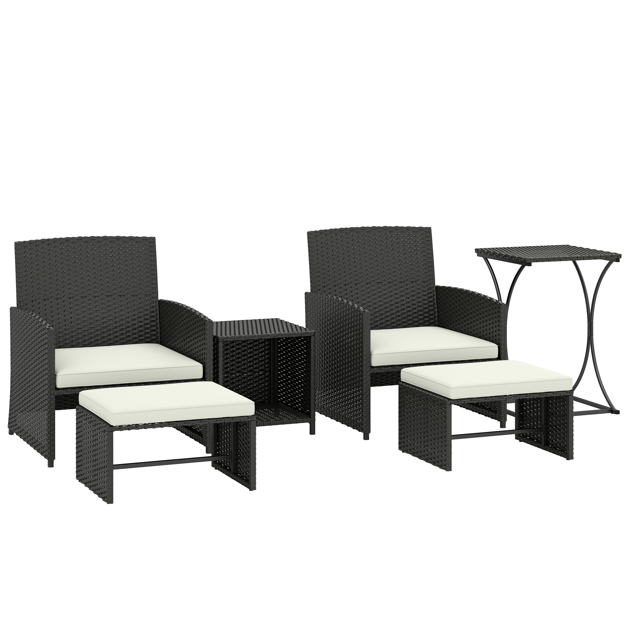 Outsunny 6 Piece Rattan Garden Furniture, Space-Saving Patio Furniture Set with Nesting Tables, Chairs, Stools, Cushions, Black