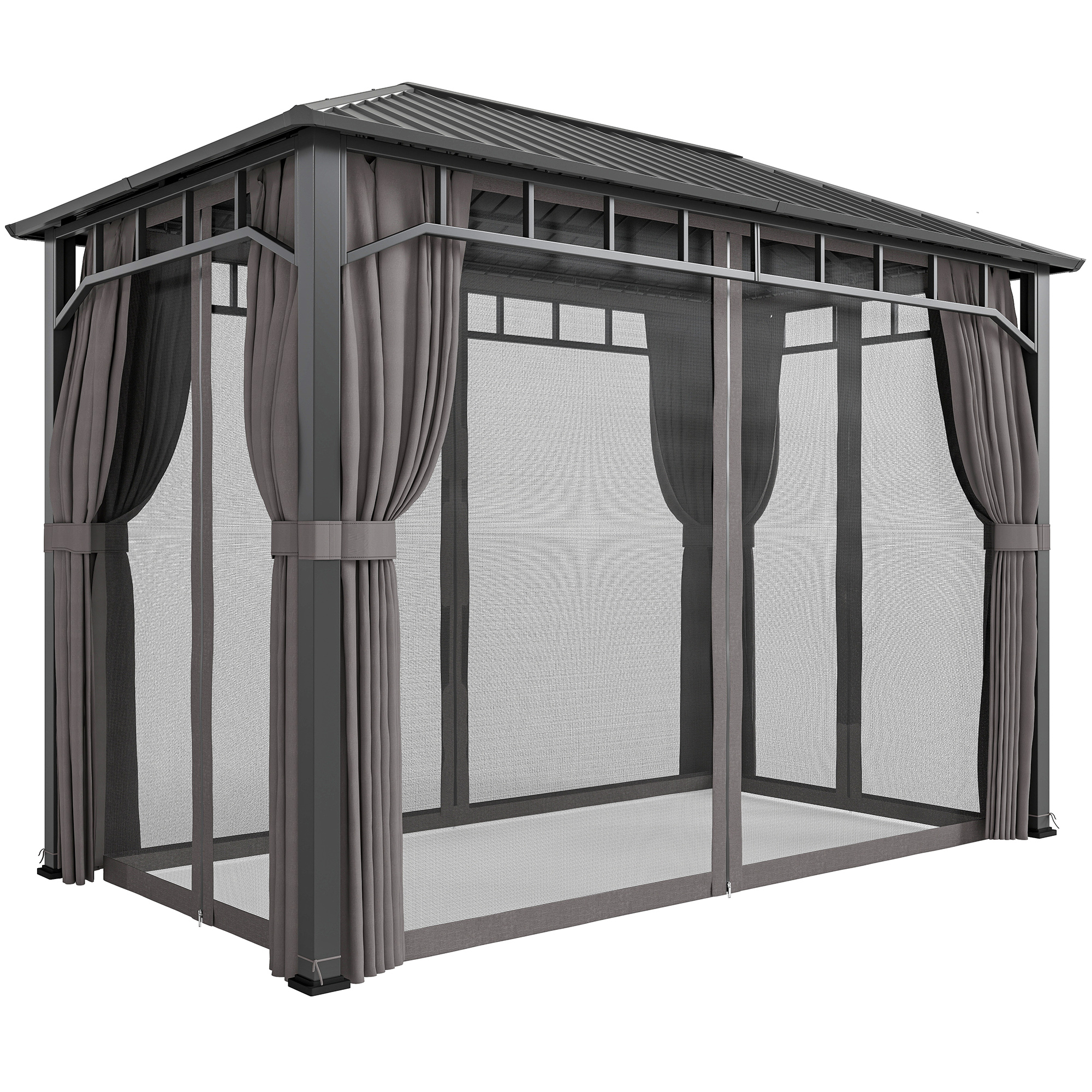 Outsunny 2 x 3.5 m Hardtop Gazebo with Galvanised Steel Roof, Waterproof Permanent Pavilion Garden Gazebo with Netting and Curtains for Patio, Deck, Dark Grey