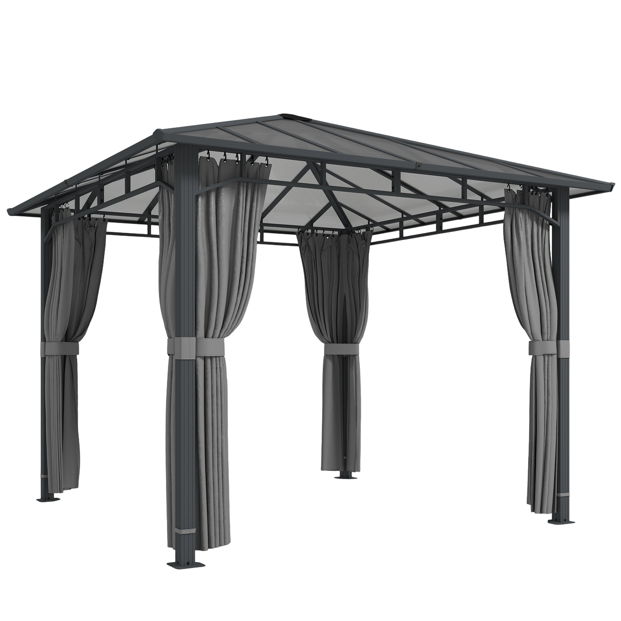 Outsunny 3 x 3 m Outdoor Hardtop Gazebo Canopy with PC Roof, Aluminium Permanent Pavilion Garden Gazebo with Curtains, Tan