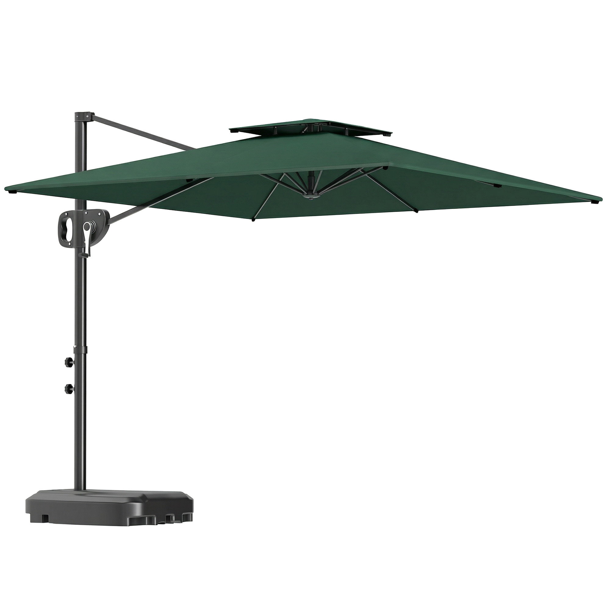 Outsunny Cantilever Parasol with Weighted Base Double Top Garden Parasol Square Hanging Patio Umbrella with Crank Tilt Dark Green