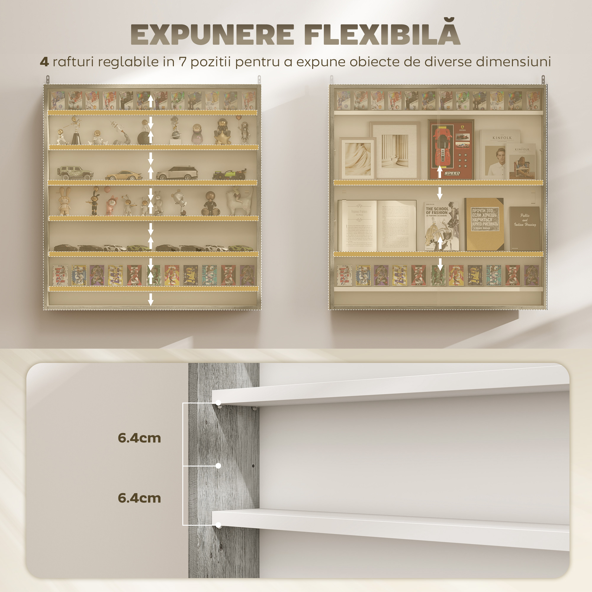 ,Vitrina de perete, cu 5 rafturi ajustabile, din lemn, PAL, sticla, 80x9.5x83 cm, Alb si Gri [3]