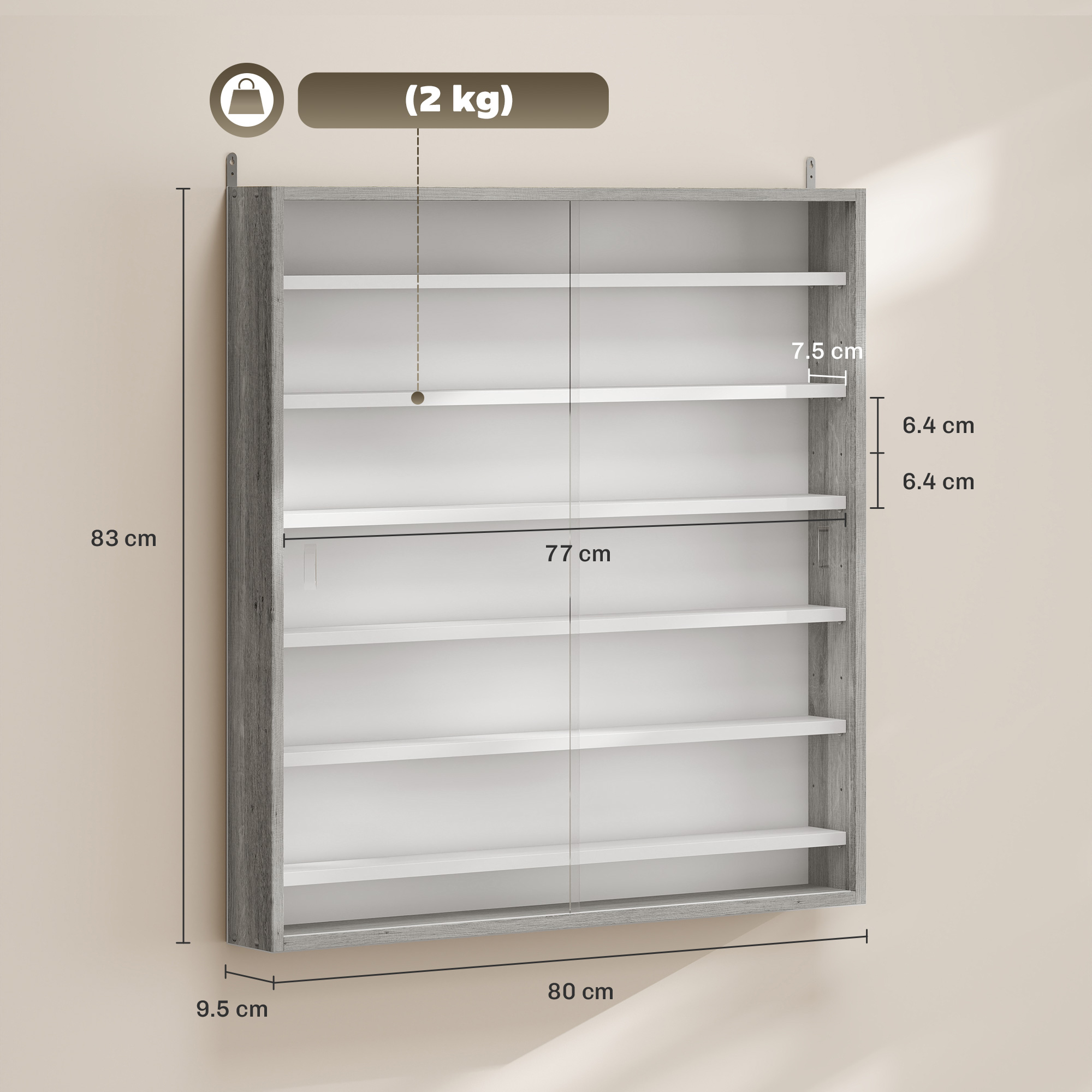 ,Vitrina de perete, cu 5 rafturi ajustabile, din lemn, PAL, sticla, 80x9.5x83 cm, Alb si Gri [2]