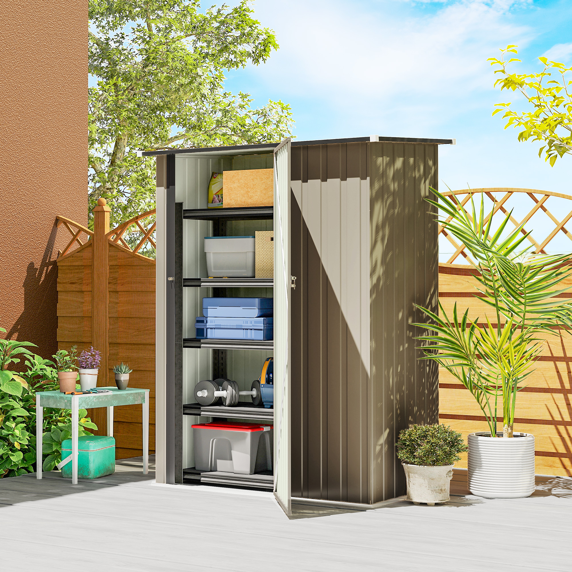  Magazie pentru Unelte din Metal cu Acoperis inclinat si Usa Blocabila, 142x86x189 cm, Maro [1]