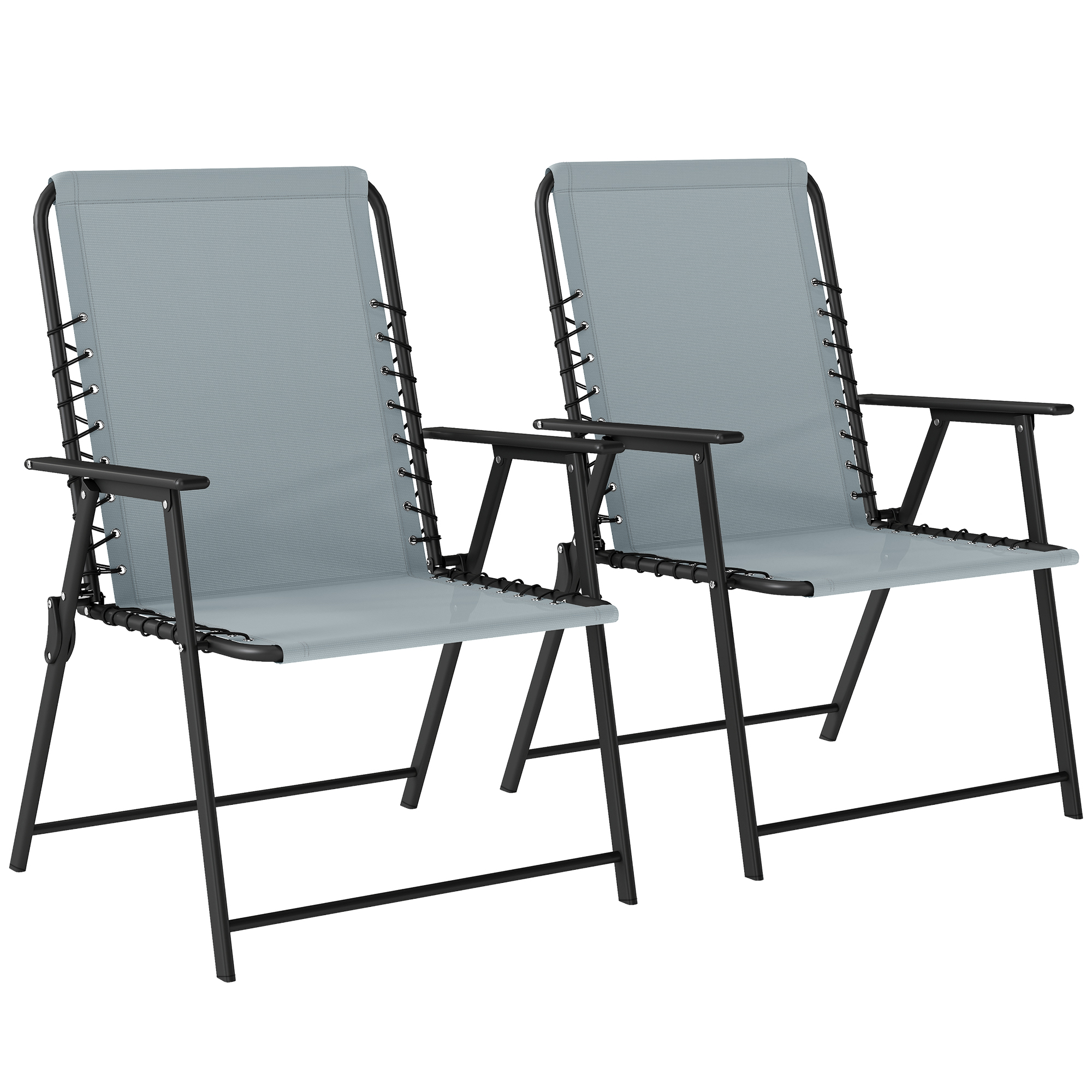 Outsunny Folding Garden Chairs Set of 2, Outdoor Dining Chairs with Wide Texteline Seat, High Back and Armrests, Light Grey