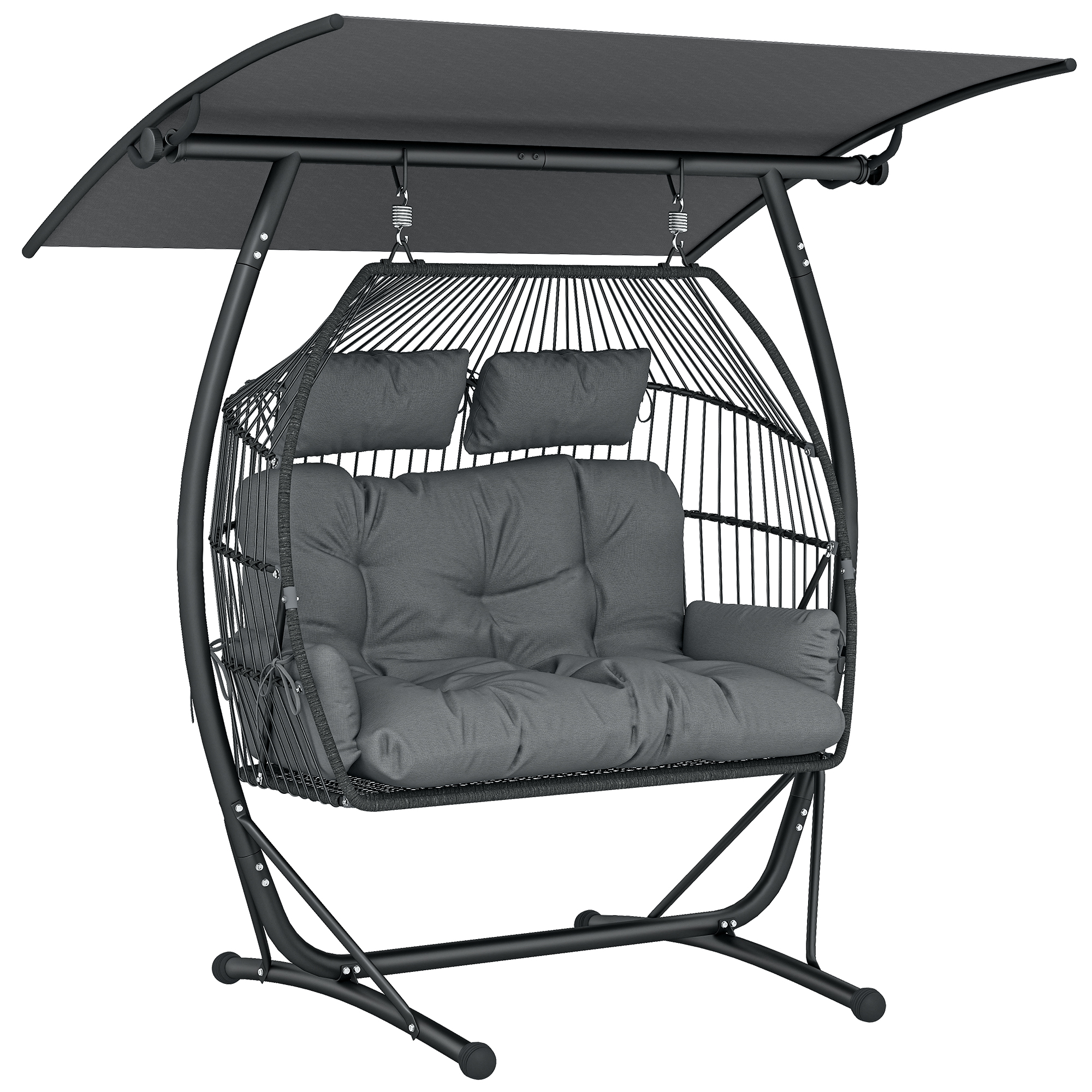 Outsunny Double Hanging Egg Chair with Canopy, Rattan Garden Egg Swing Chair with Cushion, Stand for Indoor Outdoor, Dark Grey