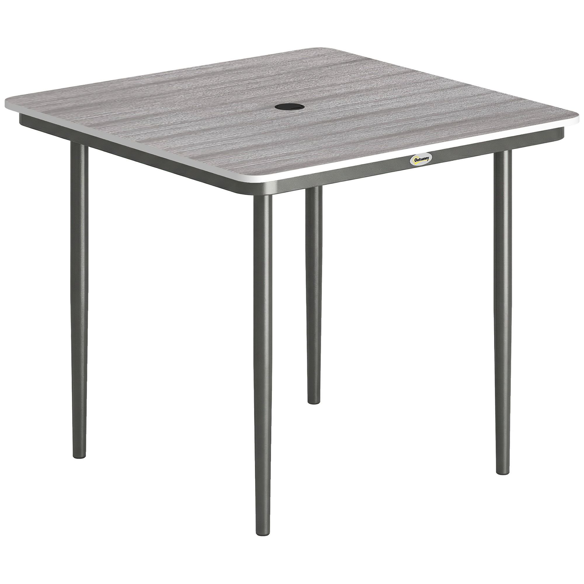 Outsunny Garden Dining Table for 4, 85 cm Square Outdoor Table with Umbrella Hole, Faux Wood Top, Metal Legs, Light Grey