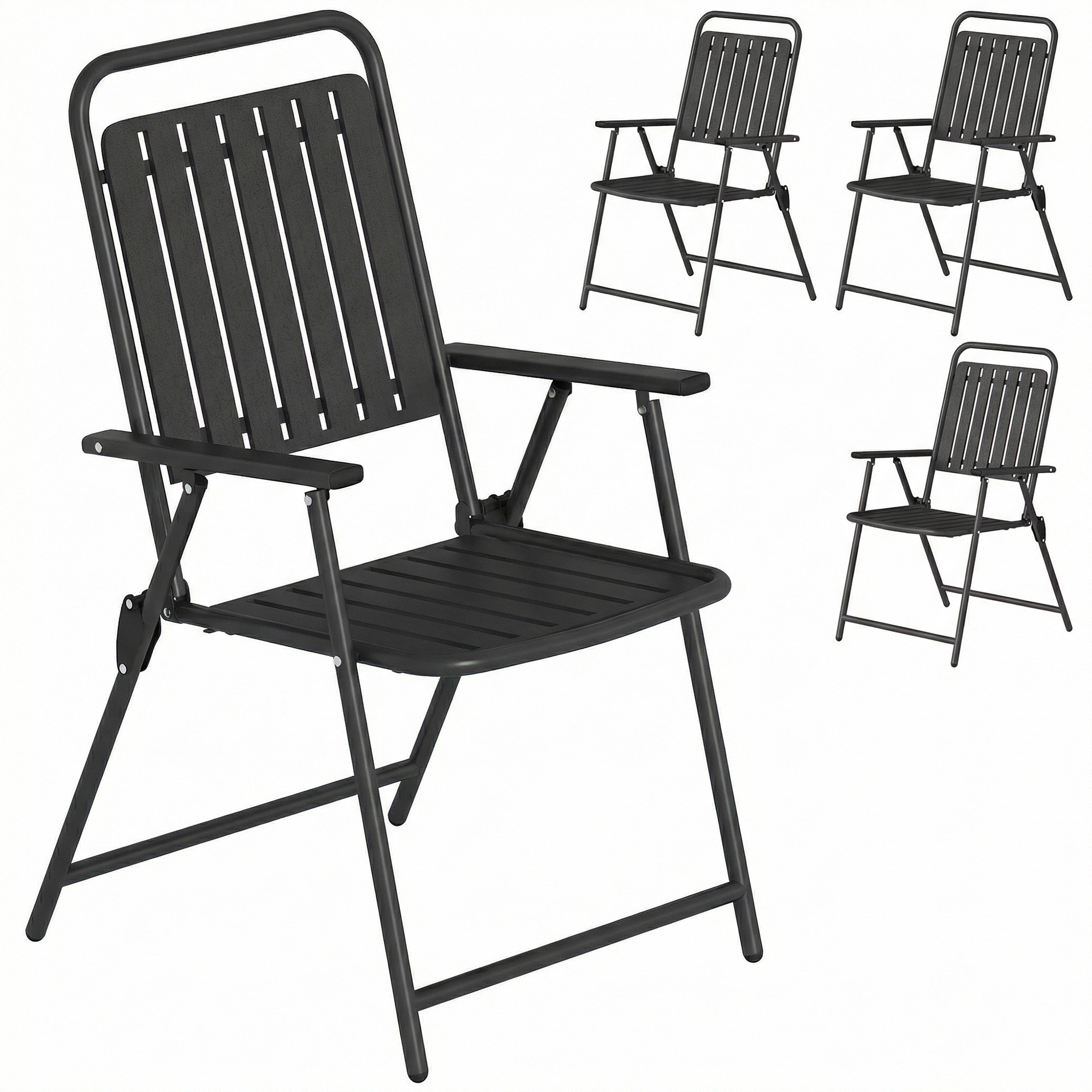 Outsunny Folding Garden Chairs, Garden Dining Chairs with Plastic Slatted Seat Back, Armrests, Steel Frame, Set of 4, Black