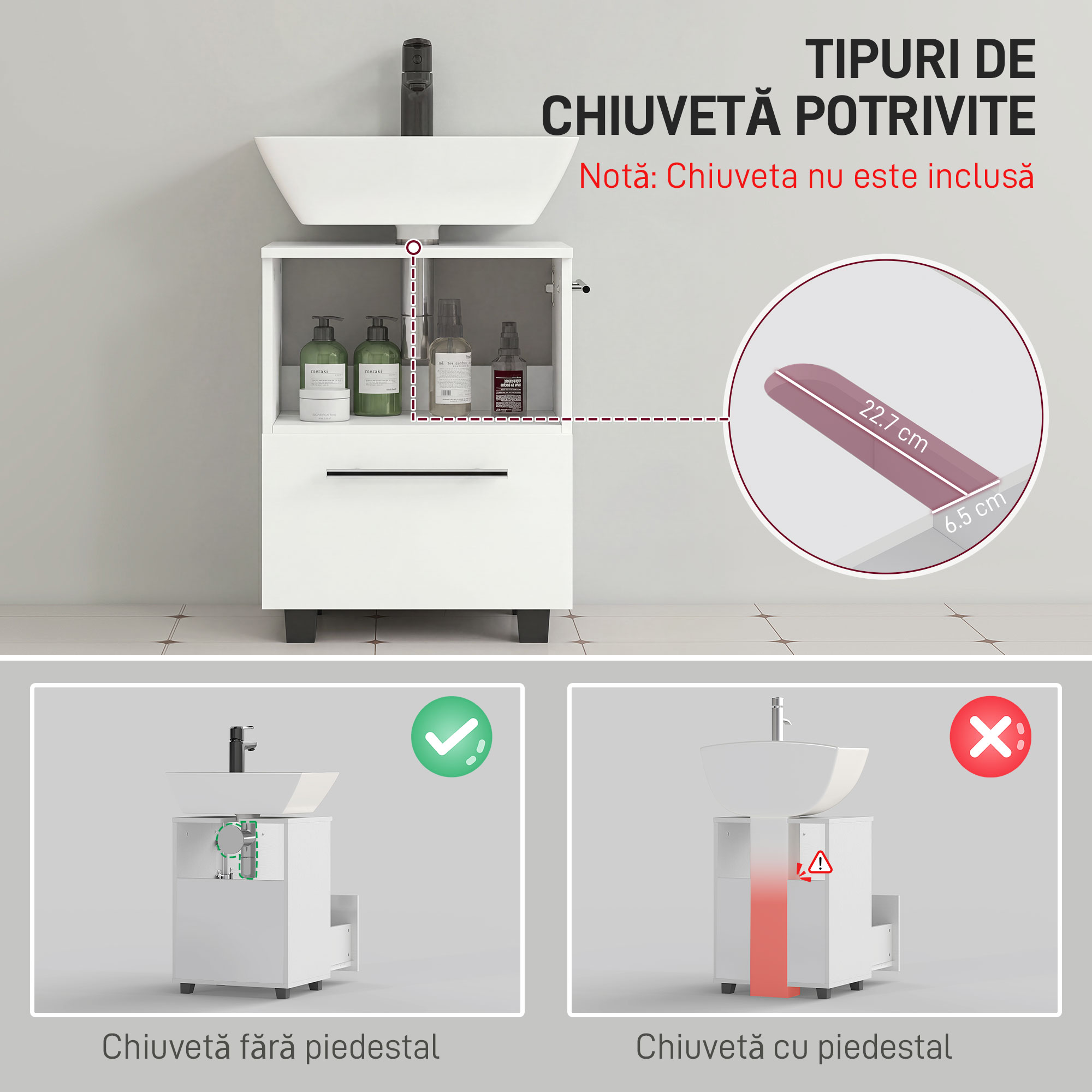  Dulap Sottolavabo pentru Baie cu Sertar si Dulap, Dulap Compact cu Decupaj in U, Mobilier Baie Modern si Economisire Spatiu, Potrivit pentru Lavoare fara Coloana, 41,5x35,5x59 cm, Alb [3]