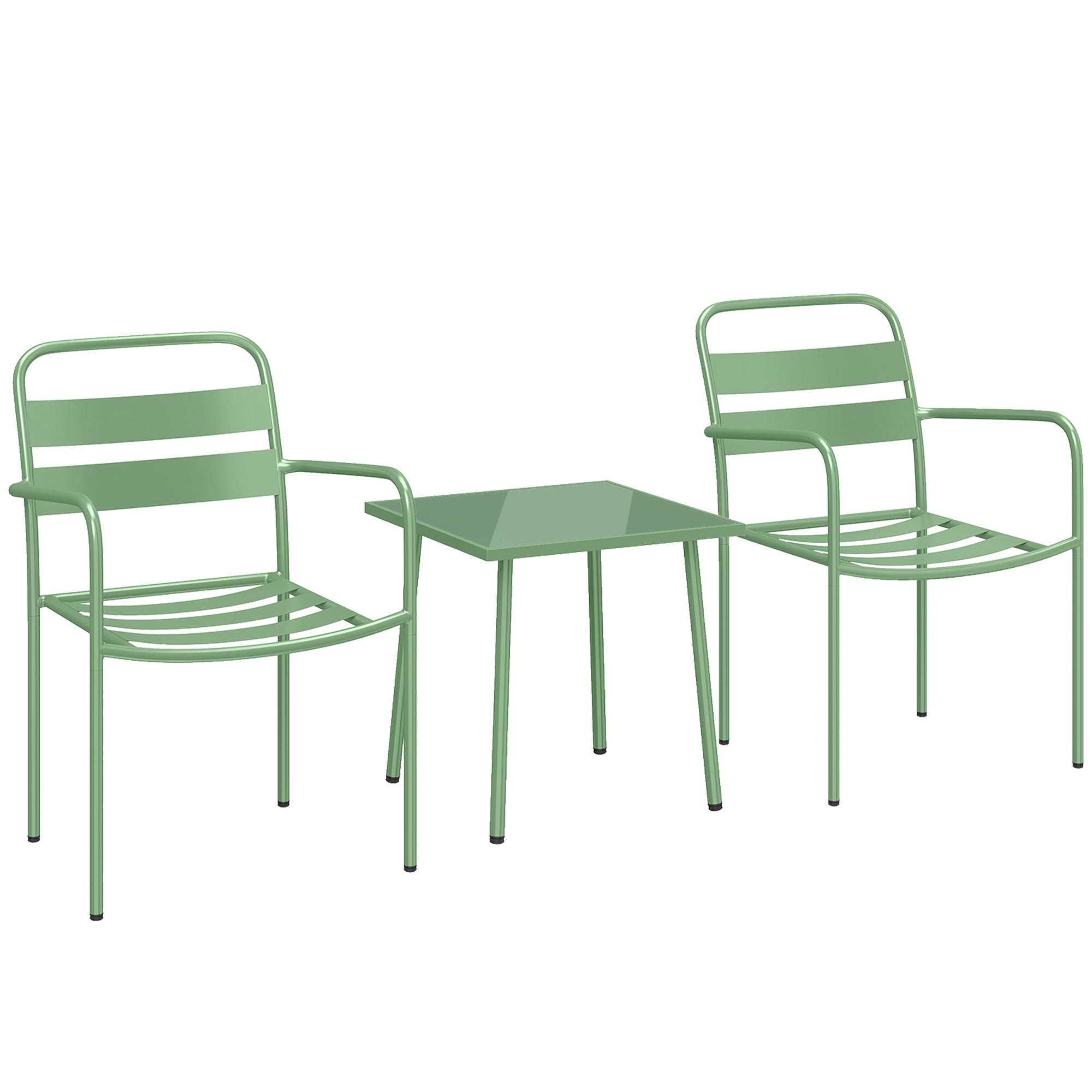 Outsunny 3‑teiliges Garten-Bistro-Set - Tisch mit gehärteter Glasplatte und 2 Lattenstühle, verzinkter rostbeständiger Stahlrahmen - Stilvolle Garten-, Balkon- und Terrassenmöbel, Grün Aosom