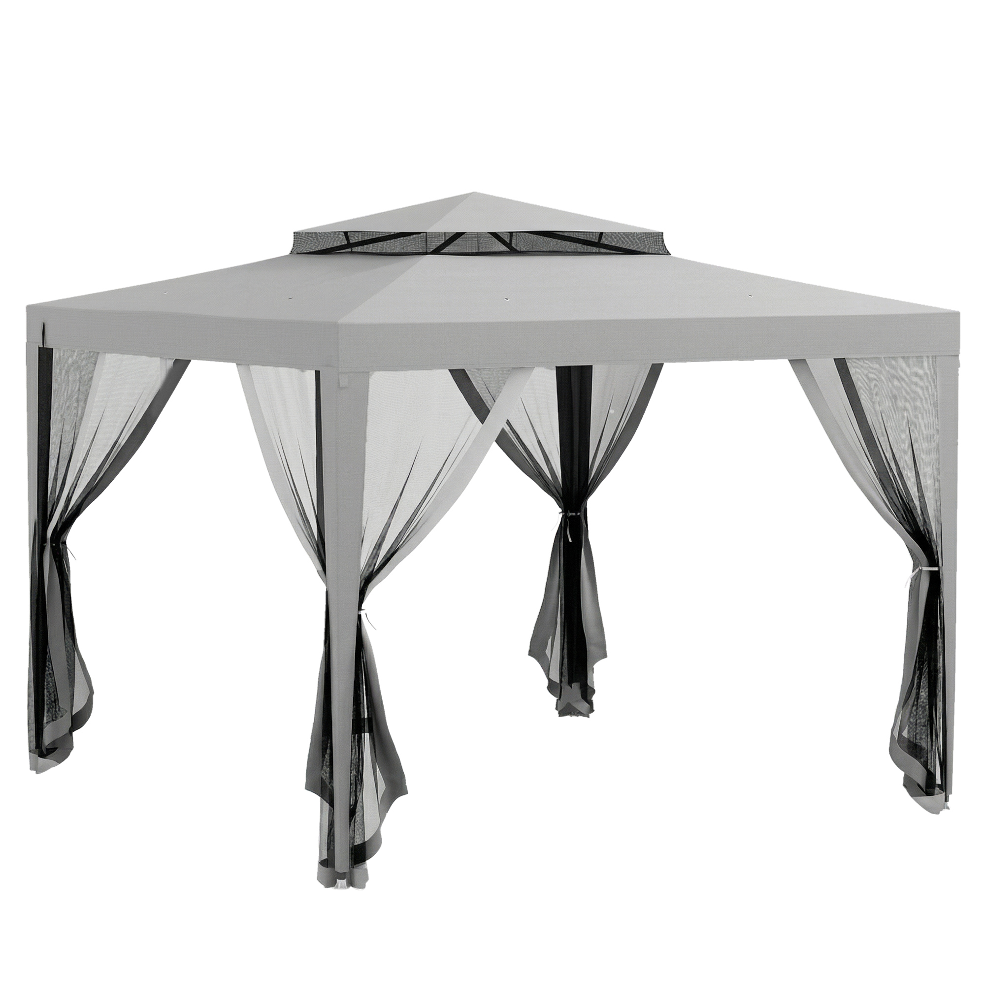 Outsunny 3 x 3 m Gazebo, Netting Party Tent, Patio Canopy Outdoor Event Shelter with Double Tier Roof, Light Grey