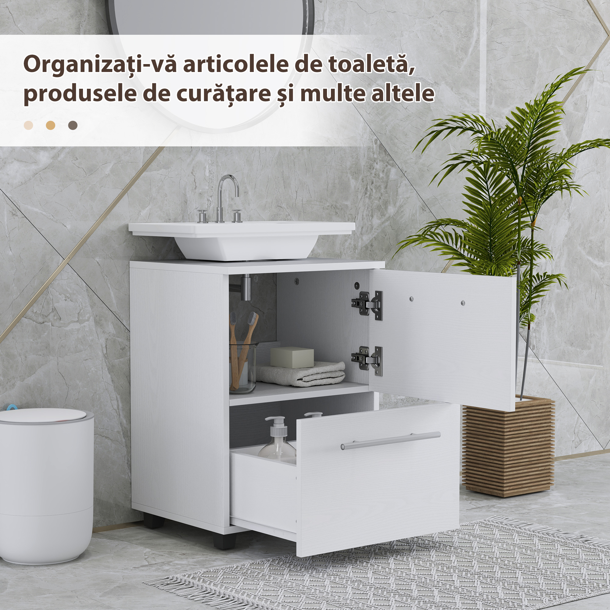  Dulap Sottolavabo pentru Baie cu Sertar si Dulap, Dulap Compact cu Decupaj in U, Mobilier Baie Modern si Economisire Spatiu, Potrivit pentru Lavoare fara Coloana, 41,5x35,5x59 cm, Alb [4]