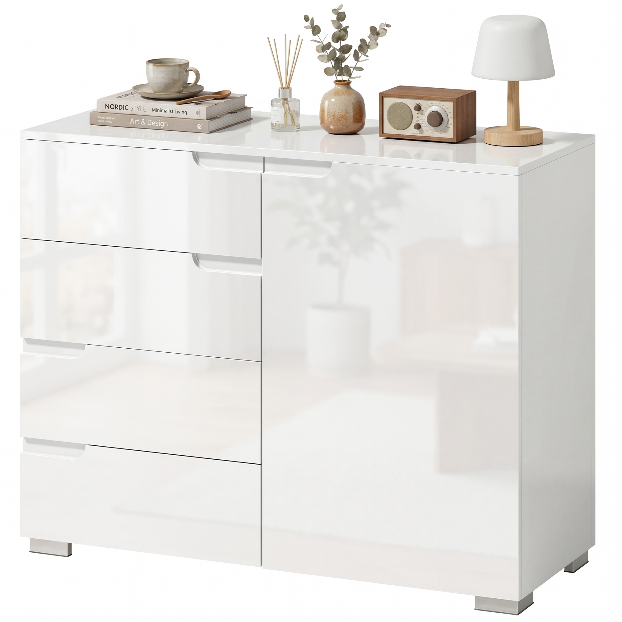 HOMCOM Buffet laqué haute brillance, bahut moderne avec 4 tiroirs, meuble de cuisine à fermeture amortie, blanc