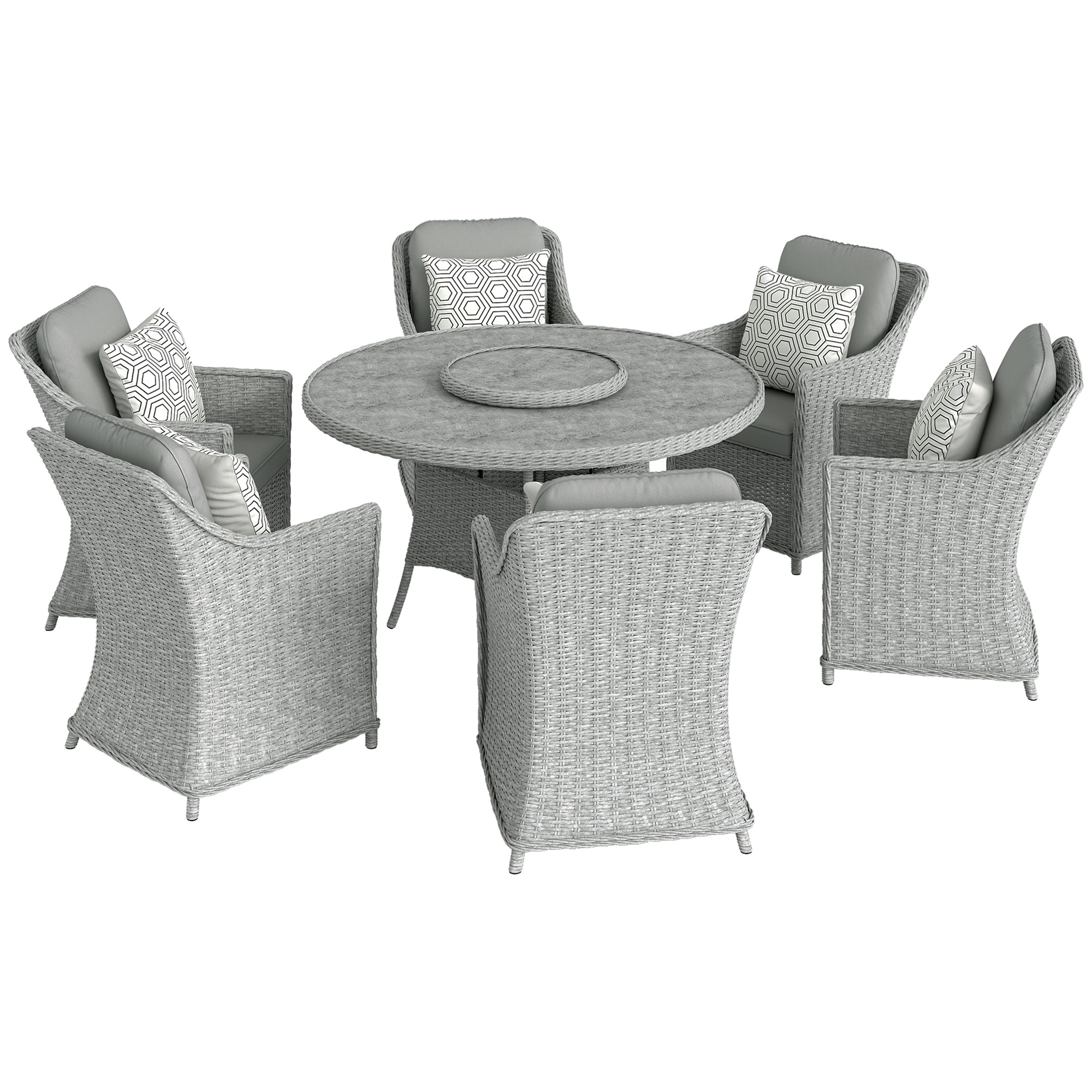 Outsunny Rattan Garden Dining Set with Lazy Susan, Marble Effect Glass Round Garden Table and Chairs with Aluminium Frame, Grey