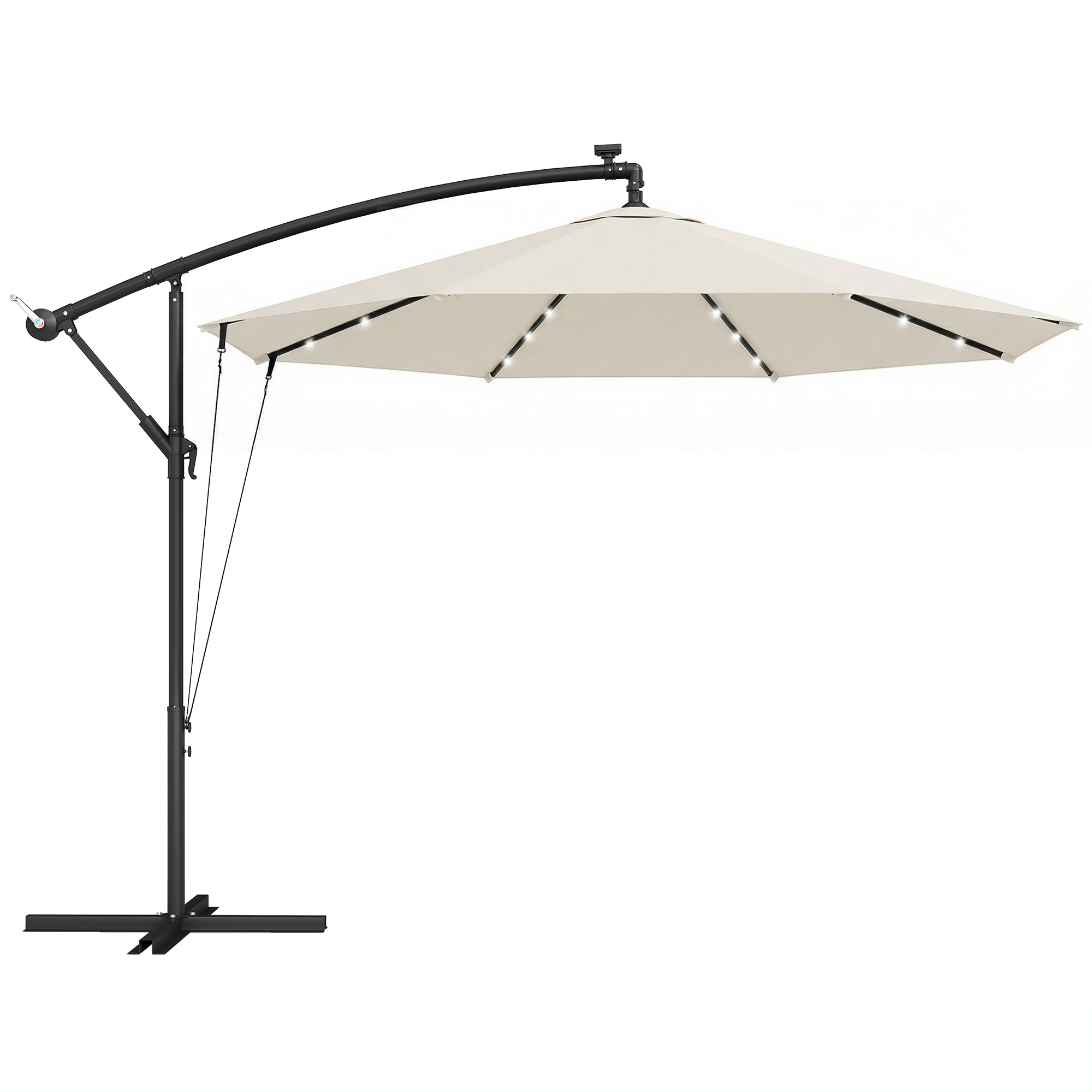 Outsunny 3 m Cantilever Parasol with Solar LED Lights Garden Umbrella with Cross Base, Cream White