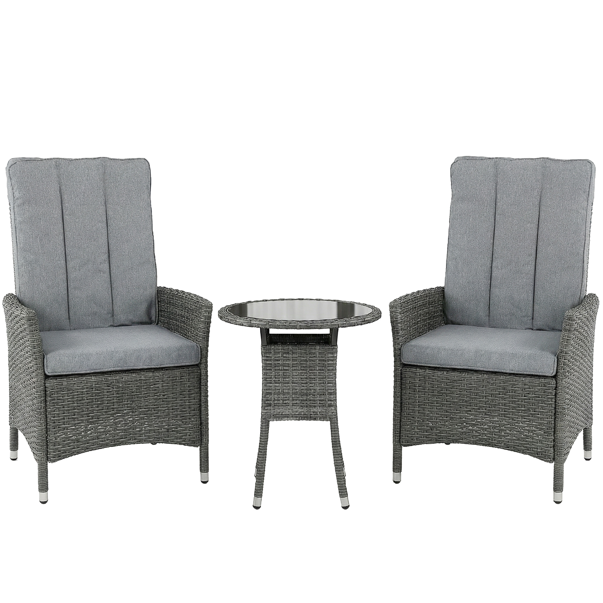 Outsunny Rattan Bistro Set, Reclining Garden Chairs and Glass Coffee Table with Cushions for Patio Balcony Porch, Grey