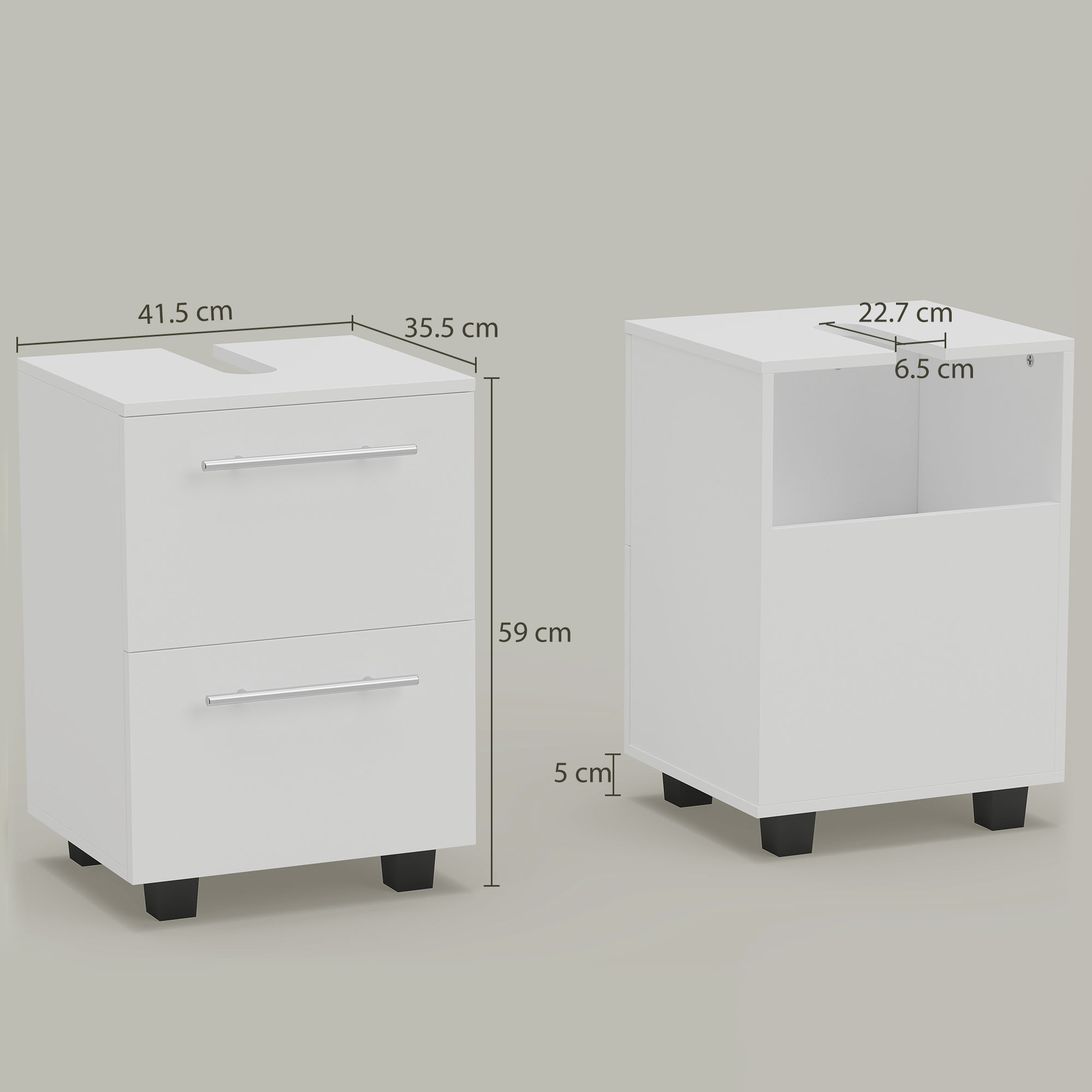  Dulap Sottolavabo pentru Baie cu Sertar si Dulap, Dulap Compact cu Decupaj in U, Mobilier Baie Modern si Economisire Spatiu, Potrivit pentru Lavoare fara Coloana, 41,5x35,5x59 cm, Alb [2]