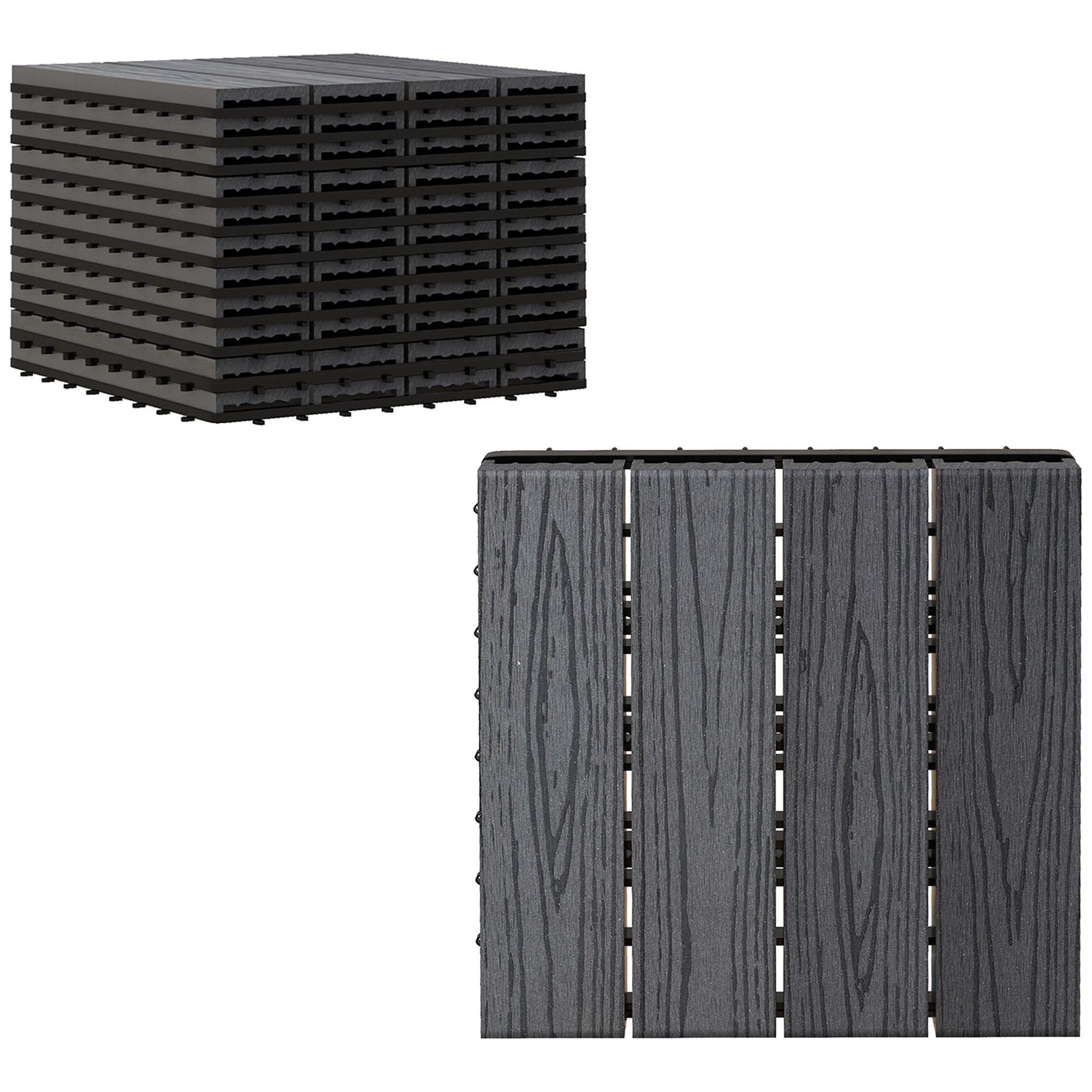 Outsunny WPC Interlocking Decking Tiles, Pack of 11 Interlocking Patio Paving Slabs, 30 x 30 x 2.2 cm, Grey