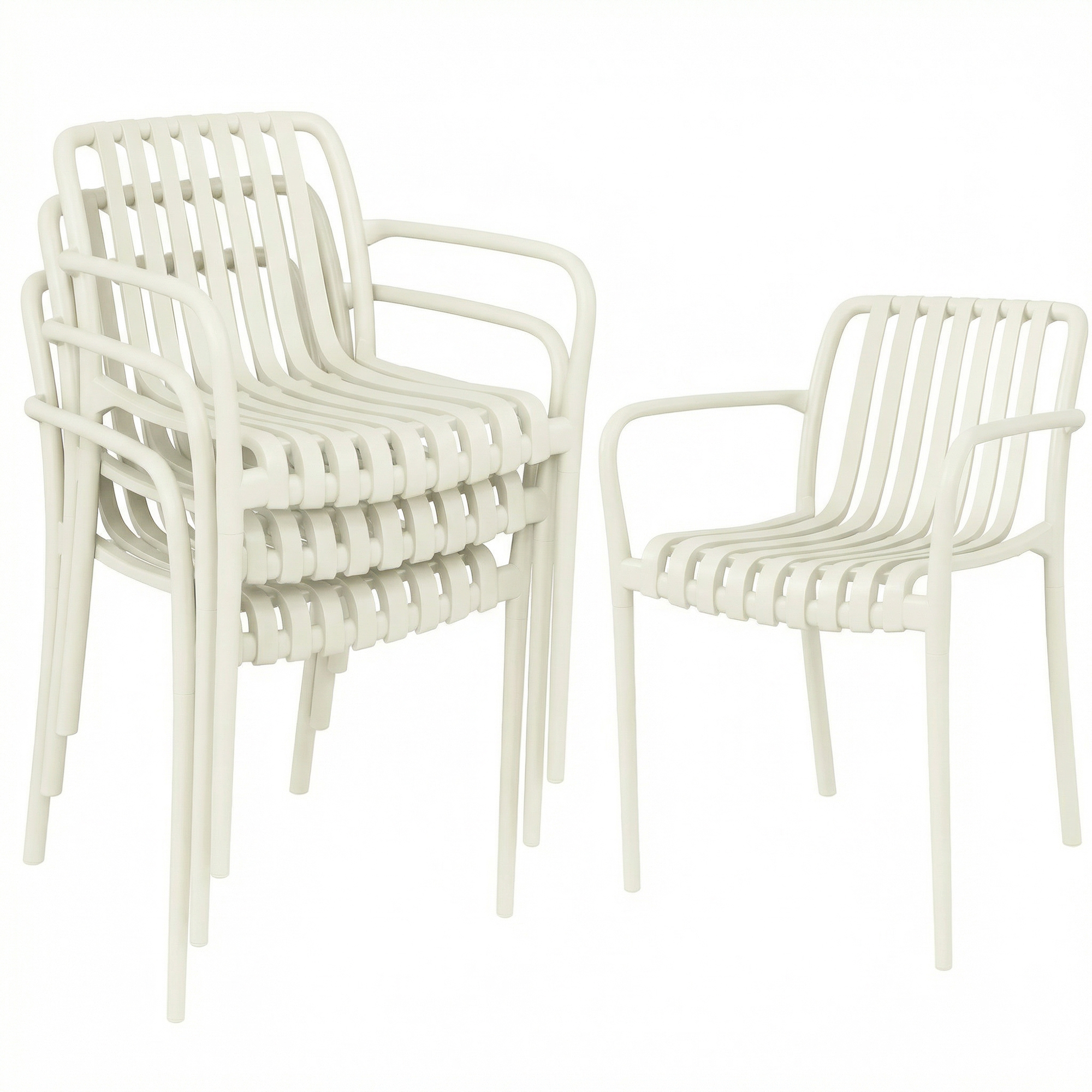 Outsunny Set 4 scaune de grădină stivabile, scaune de terasă cu design în lamele și cotiere, ergonomice, alb crem | Aosom Romania