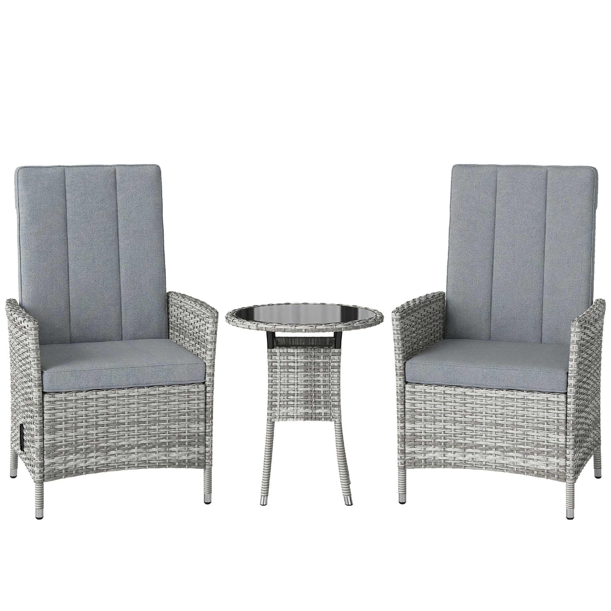 Outsunny Rattan Bistro Set, Reclining Garden Chairs and Glass Coffee Table with Cushions for Patio Balcony Porch, Light Grey