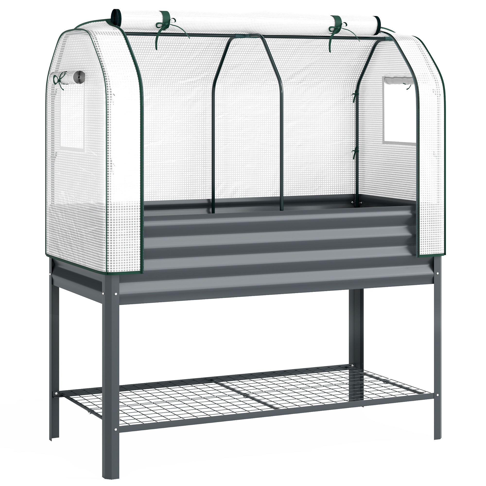 Outsunny Galvanised Raised Planter with Greenhouse Cover, Metal Raised Garden Bed on Legs with Bed Liner and Bottom Shelf