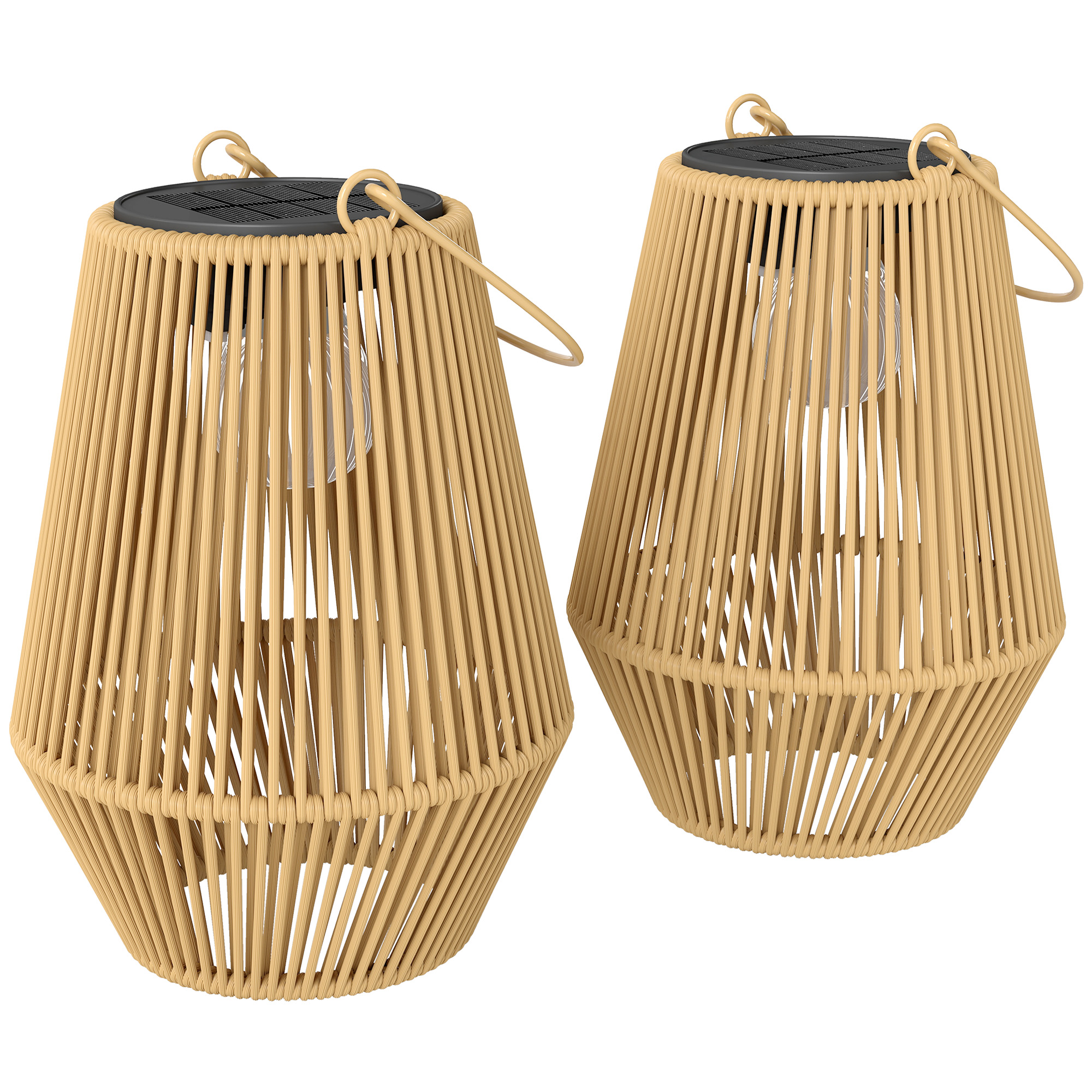 Outsunny Hanging Solar Lanterns, 2 Pack Rattan Solar Lights with Handle for Patio, Pathway, Terrace, Auto On/Off, Brown