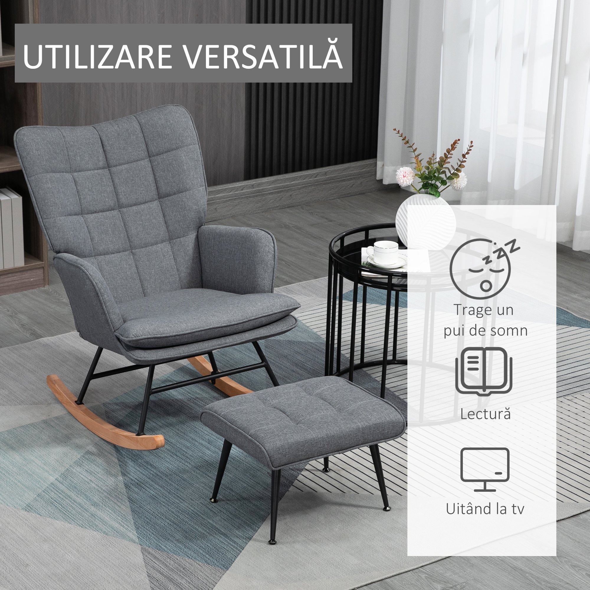  Scaun Balansoar cu Taburet in Stofa Tip In si Lemn de Cauciuc, Fotoliu Balansoar cu Perna, Spatar inalt, Cotiere, Capacitate 130 kg, pentru Dormitor Living, Gri [5]