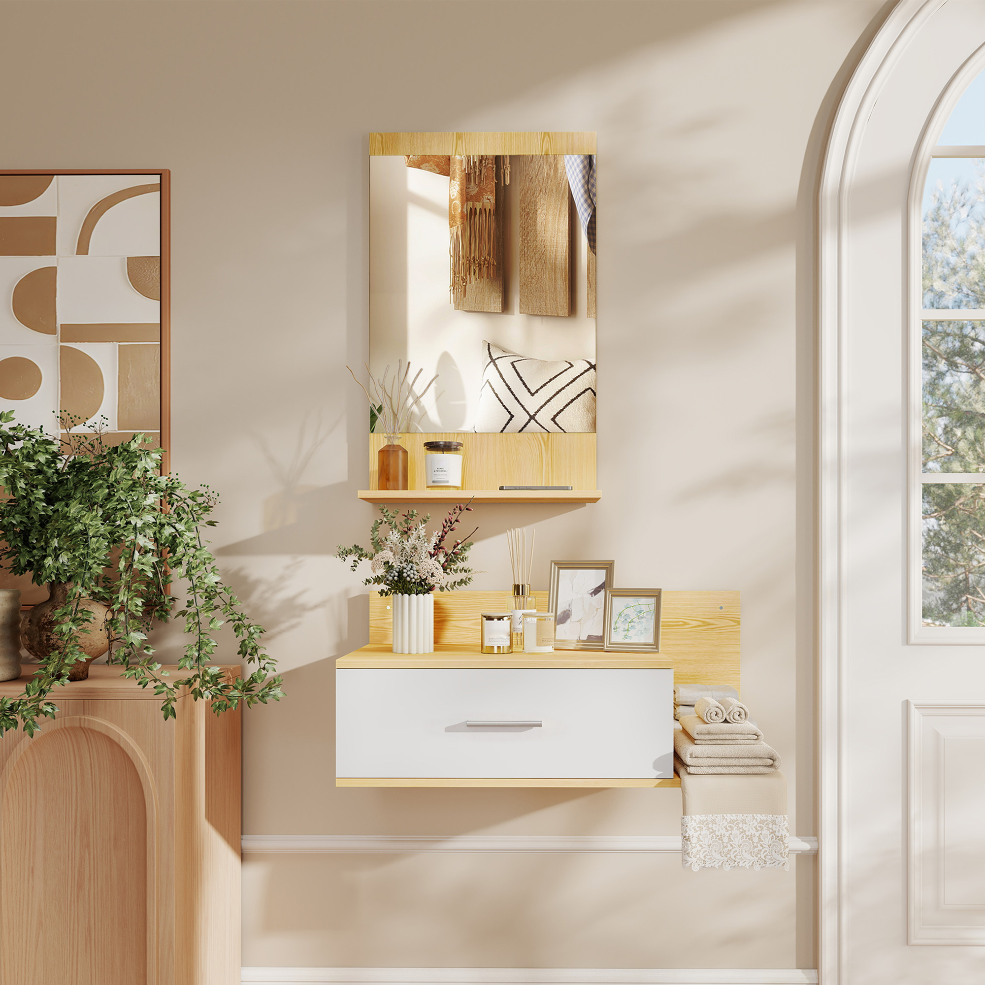  Set de Intrare cu Oglinda cu Raft si Dulap Suspendat cu Sertar si 2 Rafturi Deschise, din Lemn si Sticla [1]