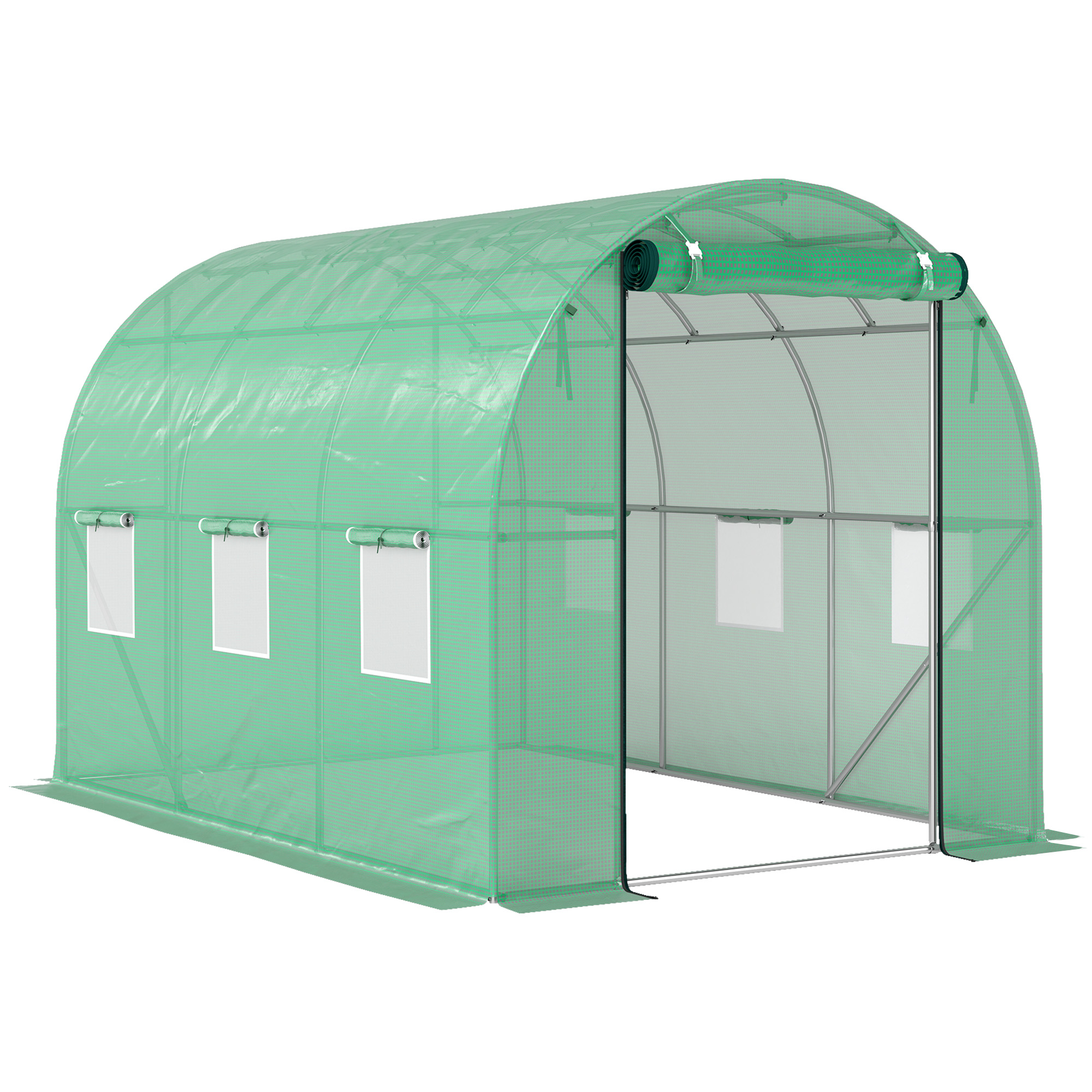 Outsunny Gewächshaus ca. 3 x 2 x 2 m Foliengewächshaus mit 6 Fenster, Rolltür, Aufrollbar Seitenwänden, UV-beständiger Folientunnel, Winterfest Tomatenhaus mit Erdanker, Grün Aosom