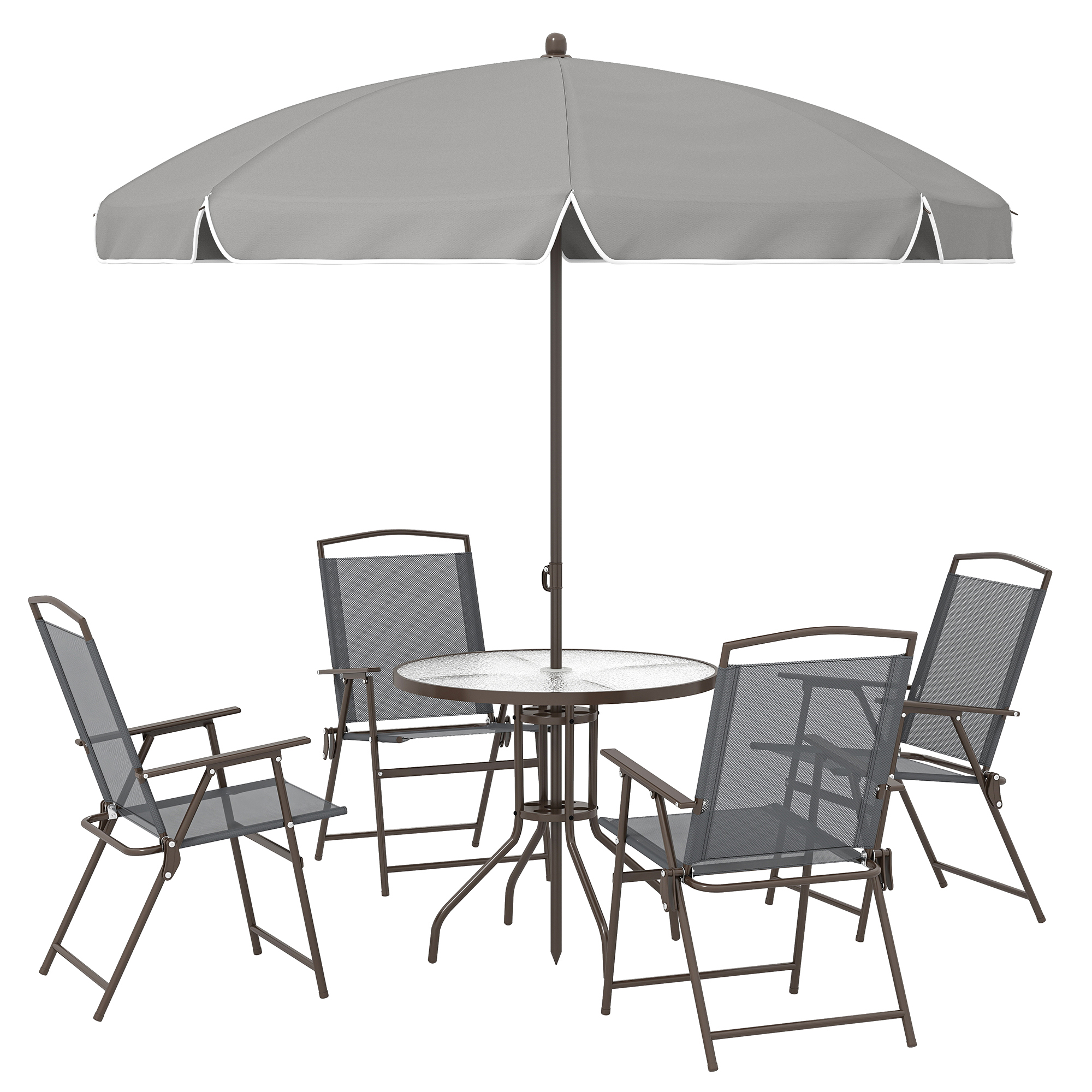 Outsunny 6 Piece Garden Dining Set with Umbrella, Patio Sets with Parasol, 4 Folding Dining Chairs, Dark Grey
