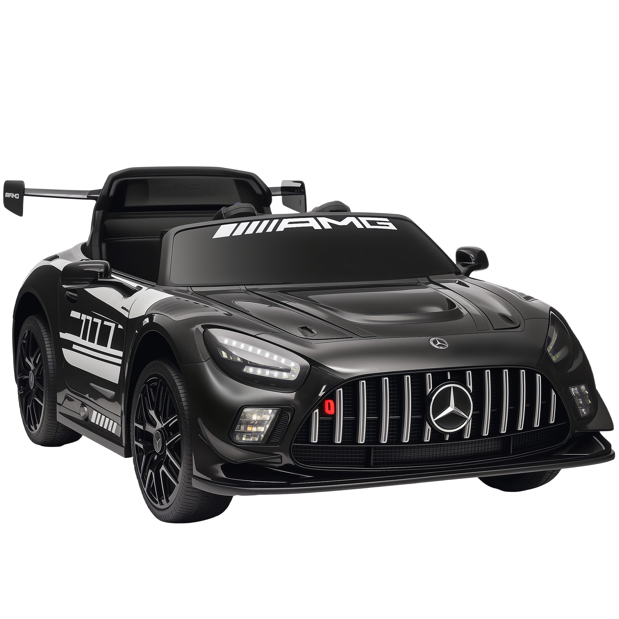 AIYAPLAY Samochód elektryczny Mercedes, samochód na siedzenie dla dzieci, bateria 12V, światła LED, funkcja muzyczna, klakson, 3-8 lat, czarny