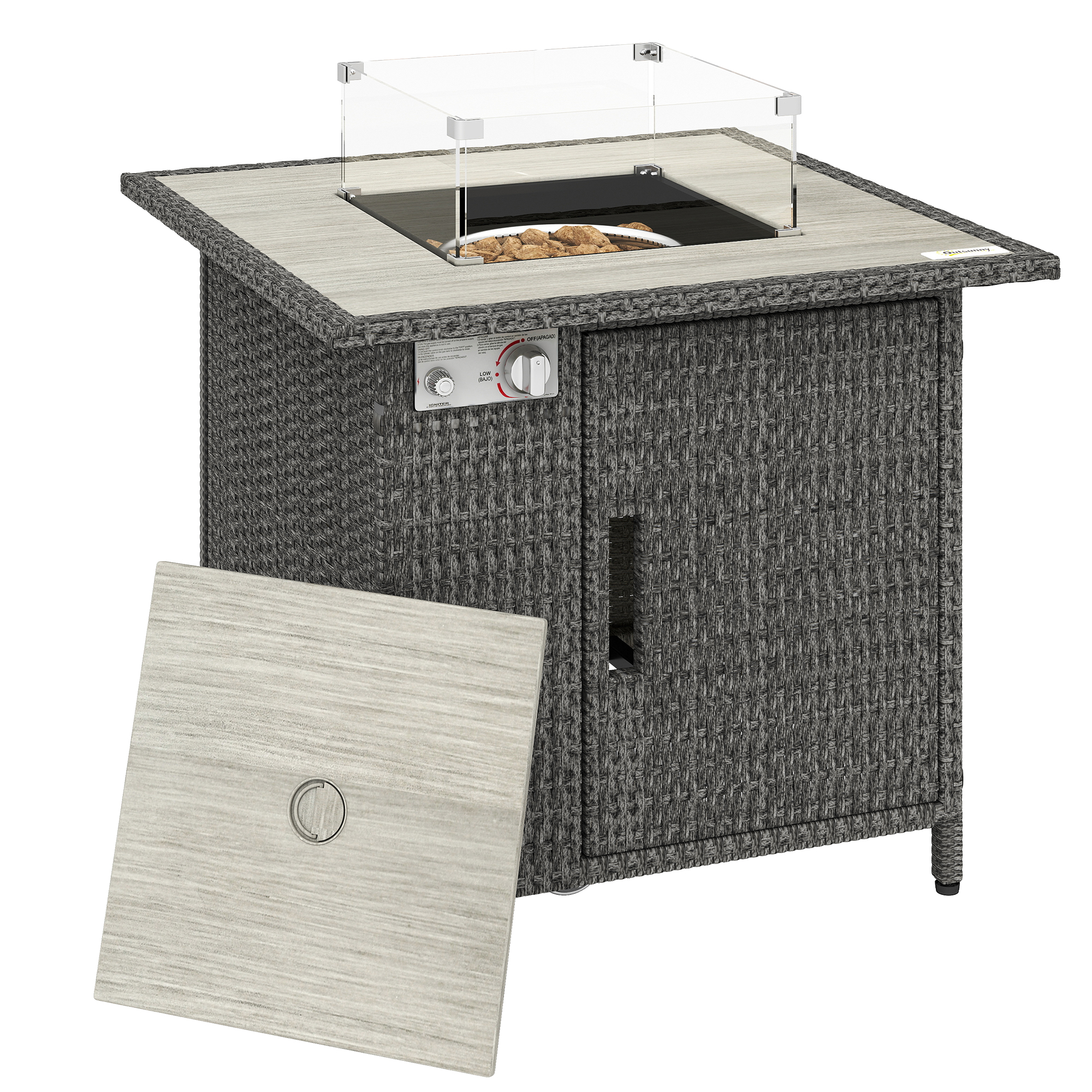 Outsunny 14.5 KW Rattan Gas Fire Pit Dining Table with Rain Cover, Wind Guard, Lid, Lava Rocks, Dark Grey