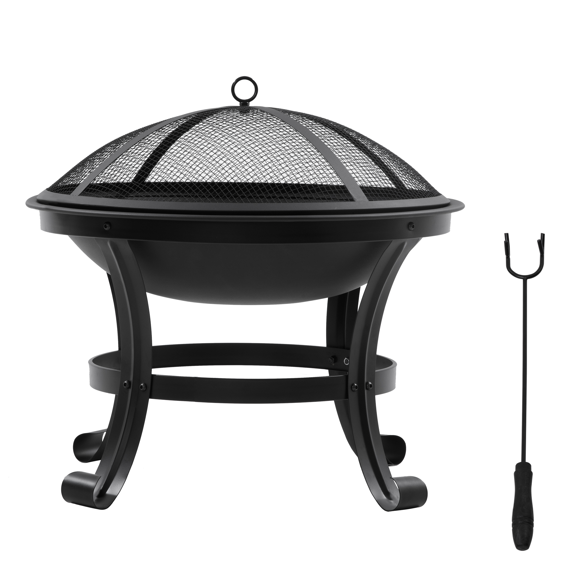 Outsunny Outdoor Fire Pit, Firepit with Mesh Lid, Poker, for Camping, Bonfire, Picnic, Black