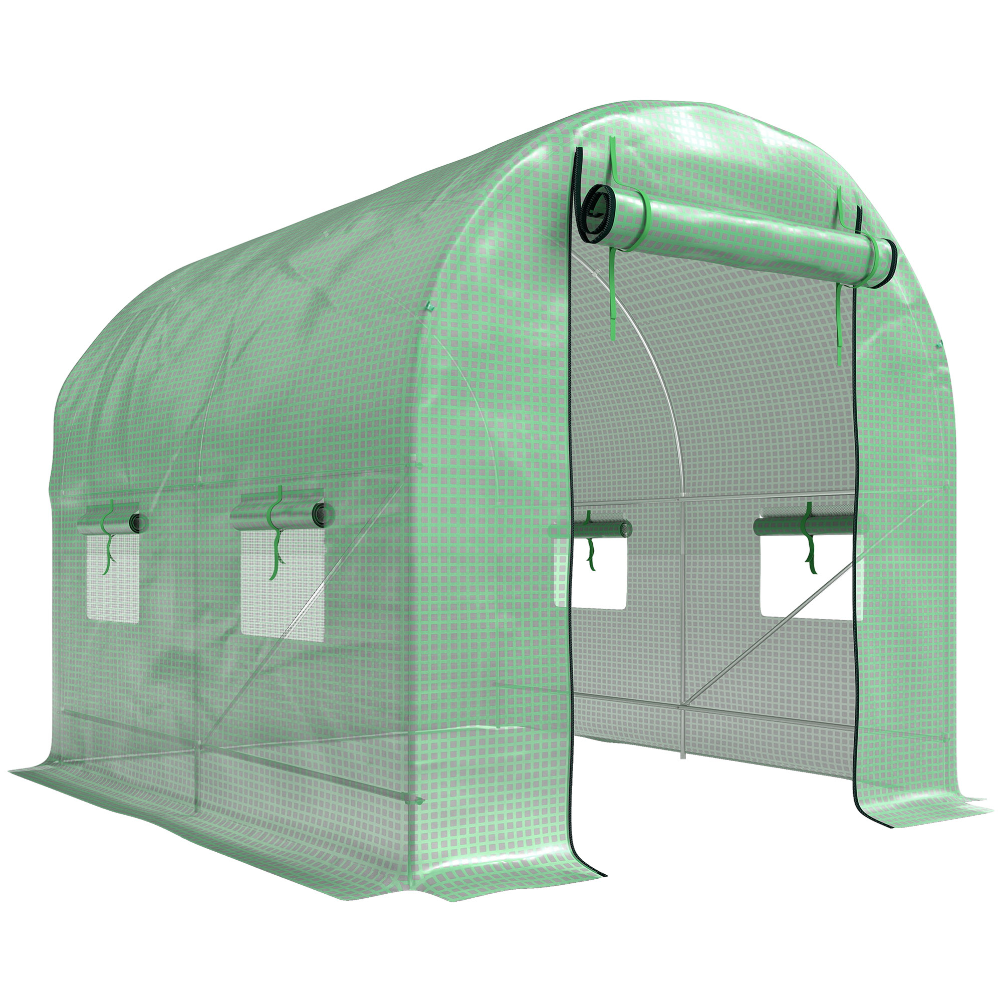 Outsunny 2.5 x 2m Walk-In Polytunnel Greenhouse, with Steel Frame, PE Cover, Roll-Up Door and 4 Windows, Green