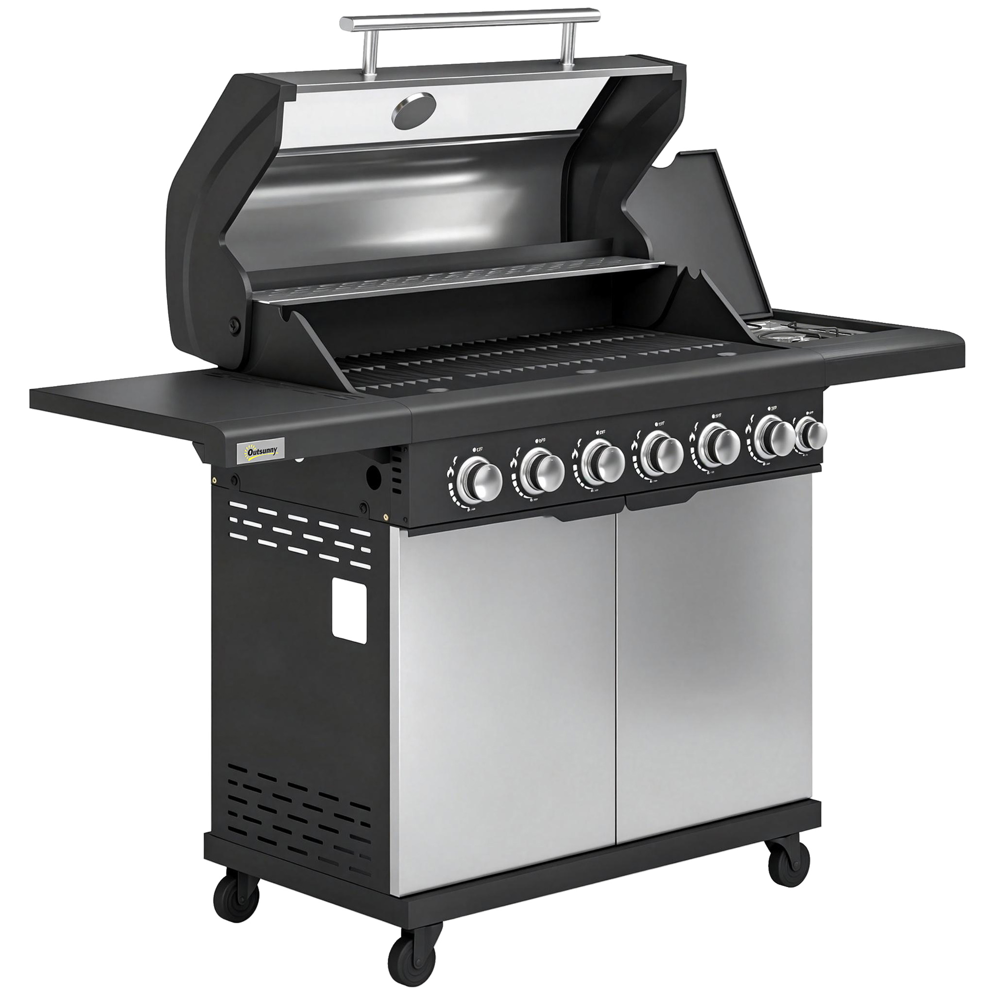 Outsunny 6+1 Burner Gas BBQ Grill, Outdoor Barbecue Trolley with Wheels, Warming Rack, Thermometer, Bottle Opener, Silver Tone