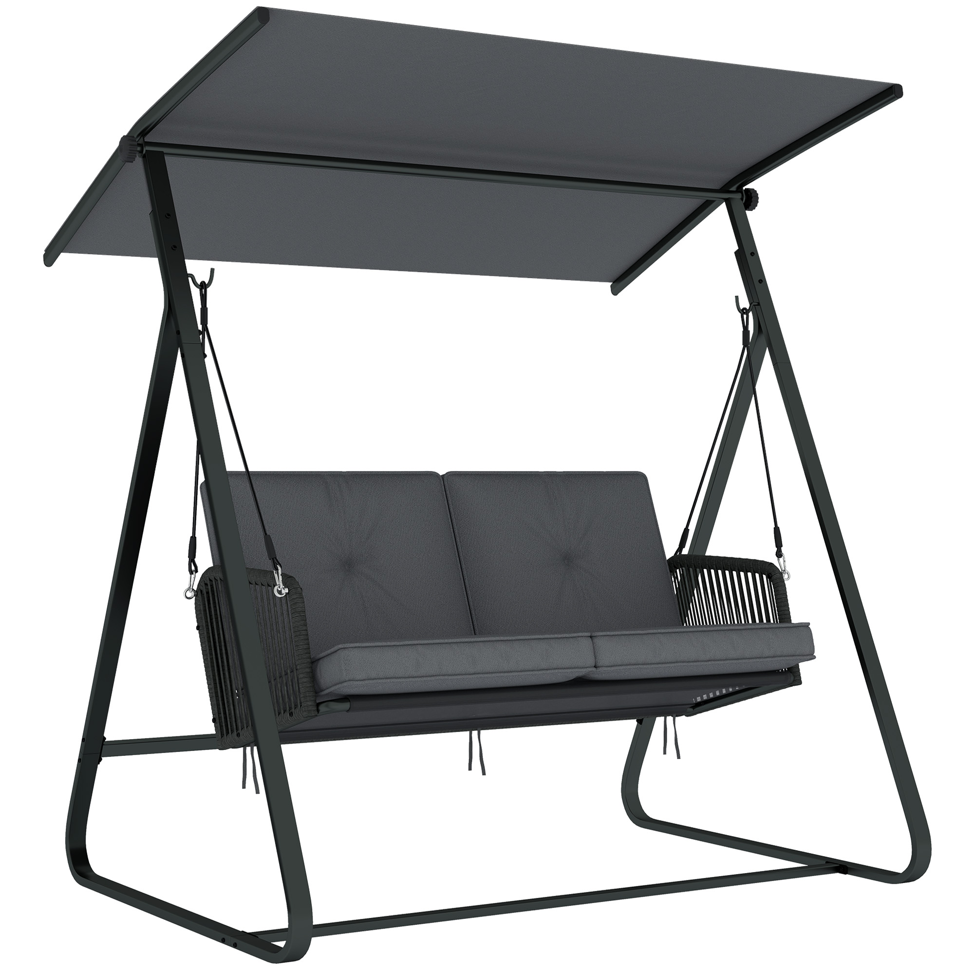 Outsunny 2-Seater Rattan Swing Chair, Outdoor Garden Hanging Swing Seat with Stand, Adjustable Canopy and Soft Cushions